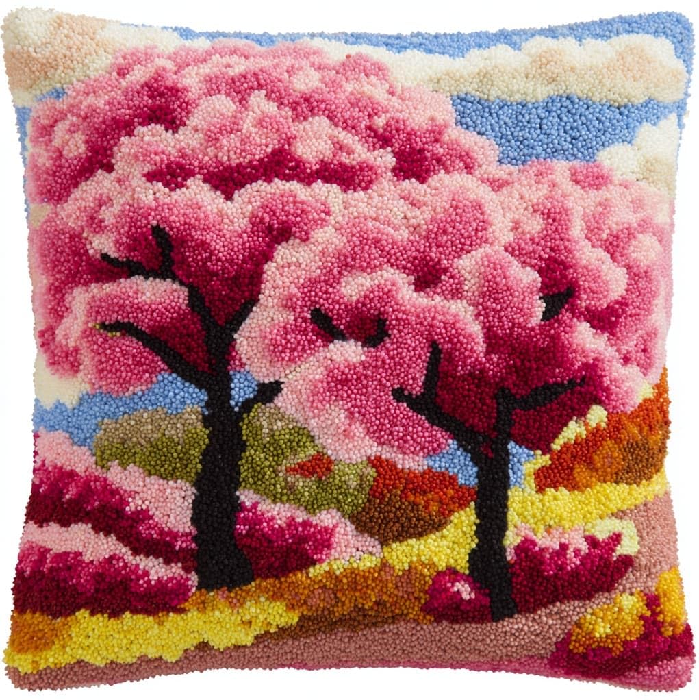 Henypt Latch Hook Craft Cushion Kit 43x43cm,Flowering Trees Pillow Cover Needlework for Bedroom Lounge,Easy to Make Starter Set for All Ages