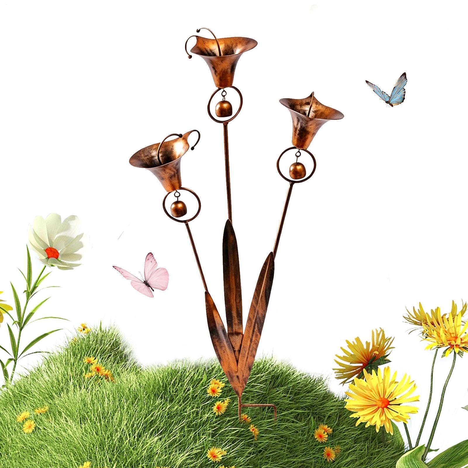 Piquet de jardin triple avec clochette décorative et carillon éolien résistant aux intempéries