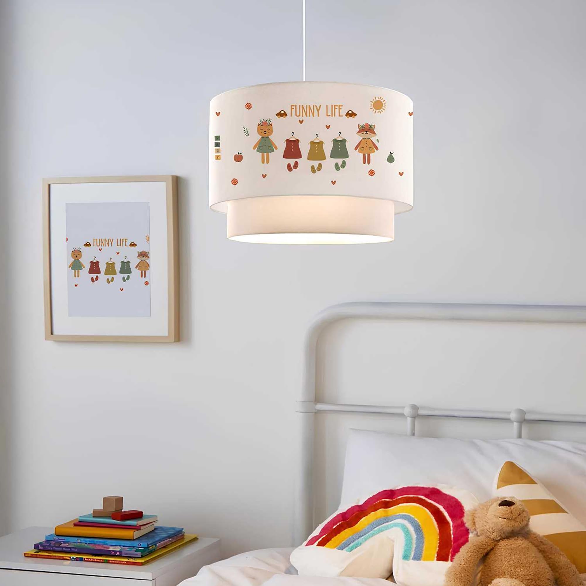 lux.pro Kinderzimmer Lampe Lurgan Deckenleuchte E27 LED-geeignet Hängelampe mit Stoffschirm doppelt Tierfiguren mit Kleidern-Motiv 70 cm hoch Weiß