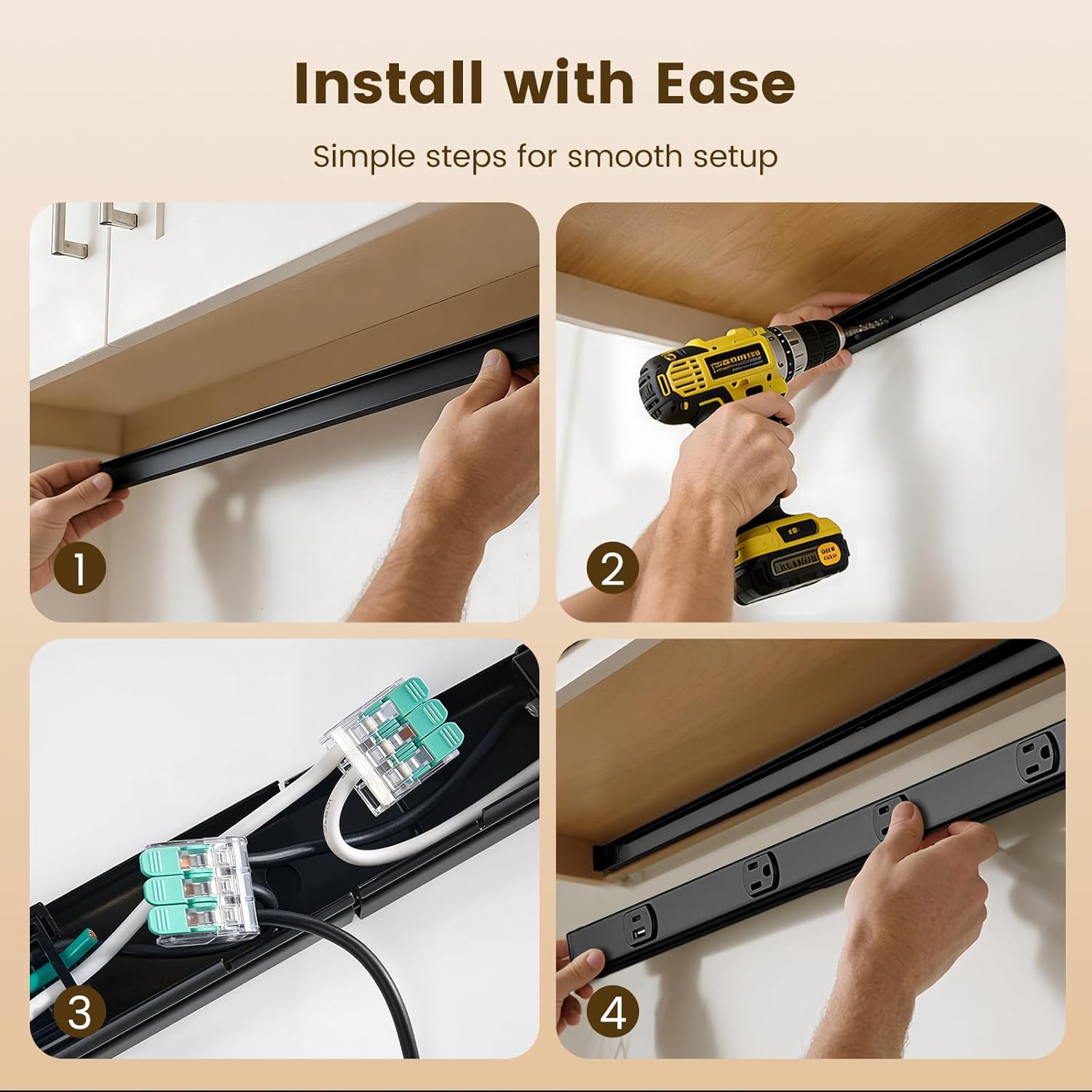 SURAIELEC Hardwired Under Cabinet Power Strip, 39.4-in, 6 Tamper Resistant Outlets with USB-A & USB-C, Customizable Length, Seamless Under Cabinet Outlet for Kitchen & Workbench, ETL Listed, Black