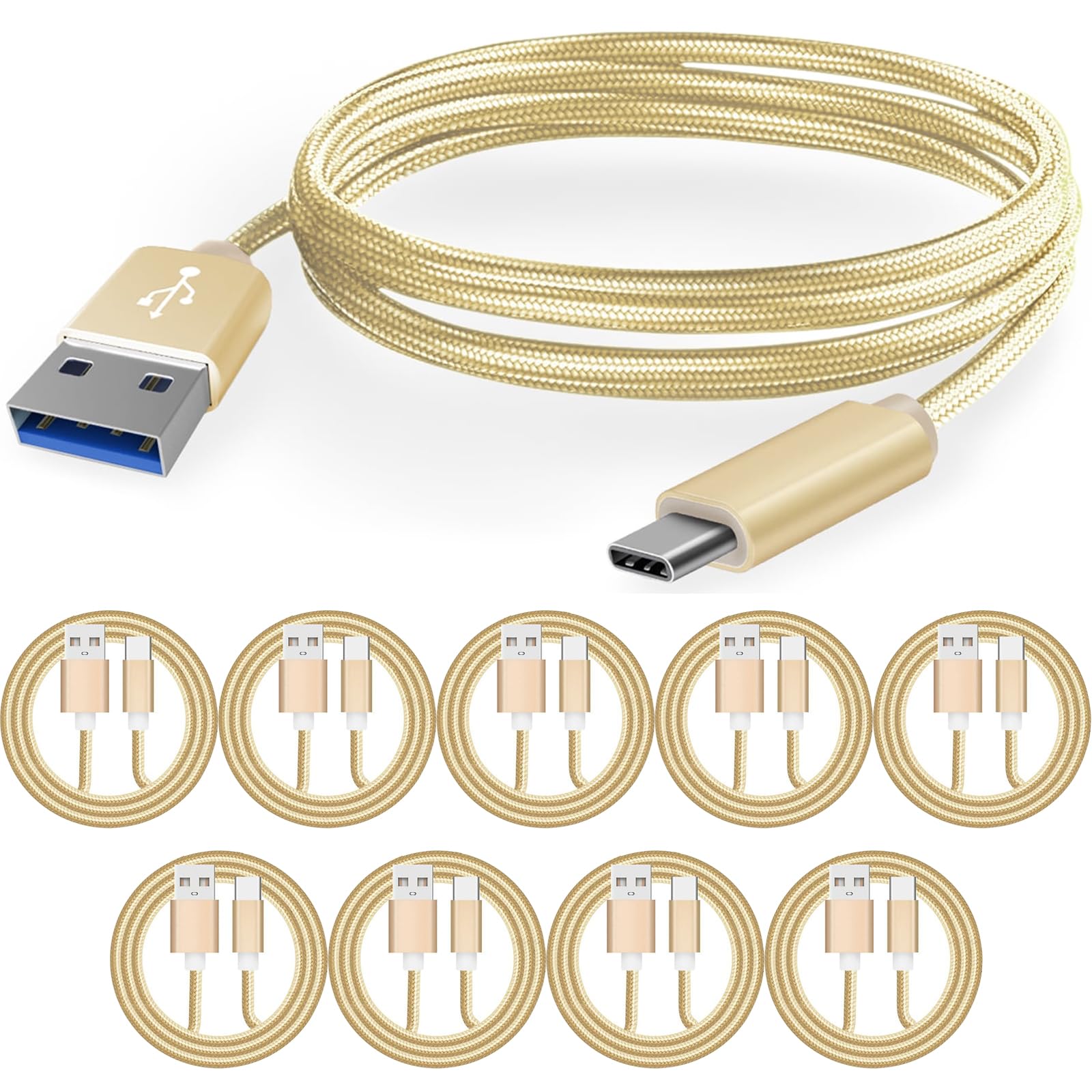 Lot de 10 câbles de chargement USB de type C pour téléphone et tablette - 1 m - En nylon tressé doré