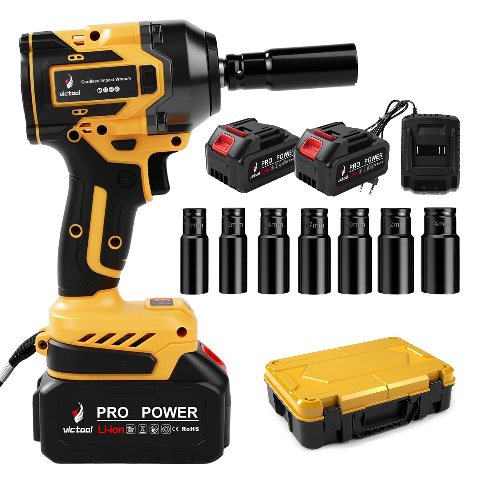 Avvitatore elettrico a percussione a batteria, 650 Nm, 21 V, con 7 bussole e 2 batterie da 4,0 Ah, per vite e dado, auto, camion, pneumatici di rimozione