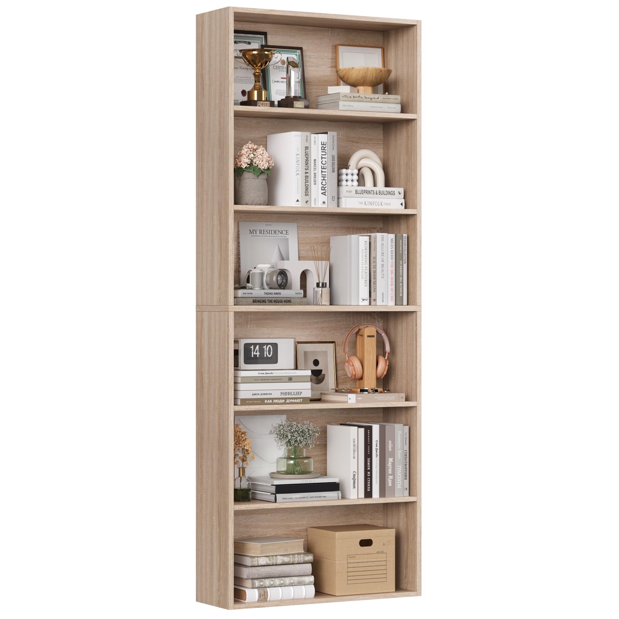 FirFurd Bookcase 6 Tiers Bookshelf Oak Tall Display Shelf Freestanding Wooden Storage Unit for Living Room Bedroom Office 60x23.5x180cm