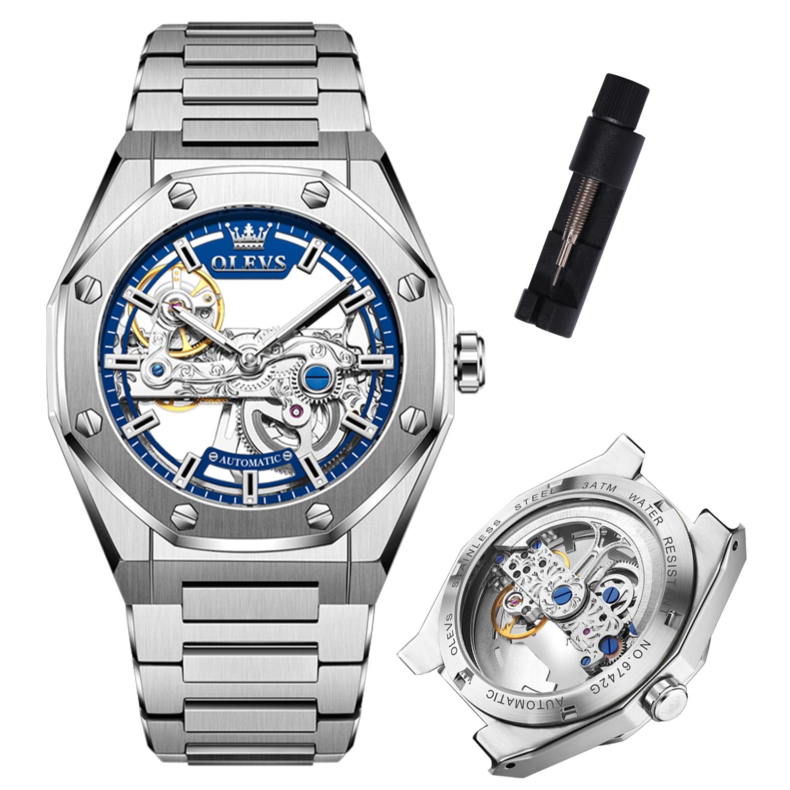 OLEVS Montre squelette automatique pour hommes montres mécaniques de luxe | Montre-bracelet à remontage automatique, sans pile, acier inoxydable, étanche 3TM, montre de sport, 42 mm