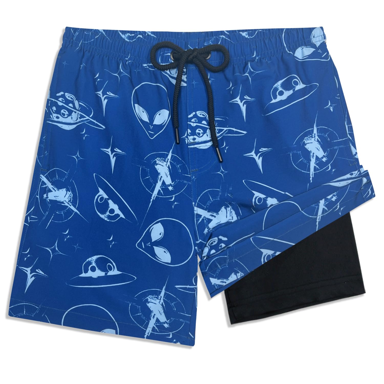 LUCOWEE Boys Swiming Trunks Compression Boxer Brief Liner Anti Chafe Swim Shorts Swimsuits Sandless Stretchy Real Drawstring Light Weight Quick Dry UPF 50+ ET UFO Space Size X-Large, 18-20