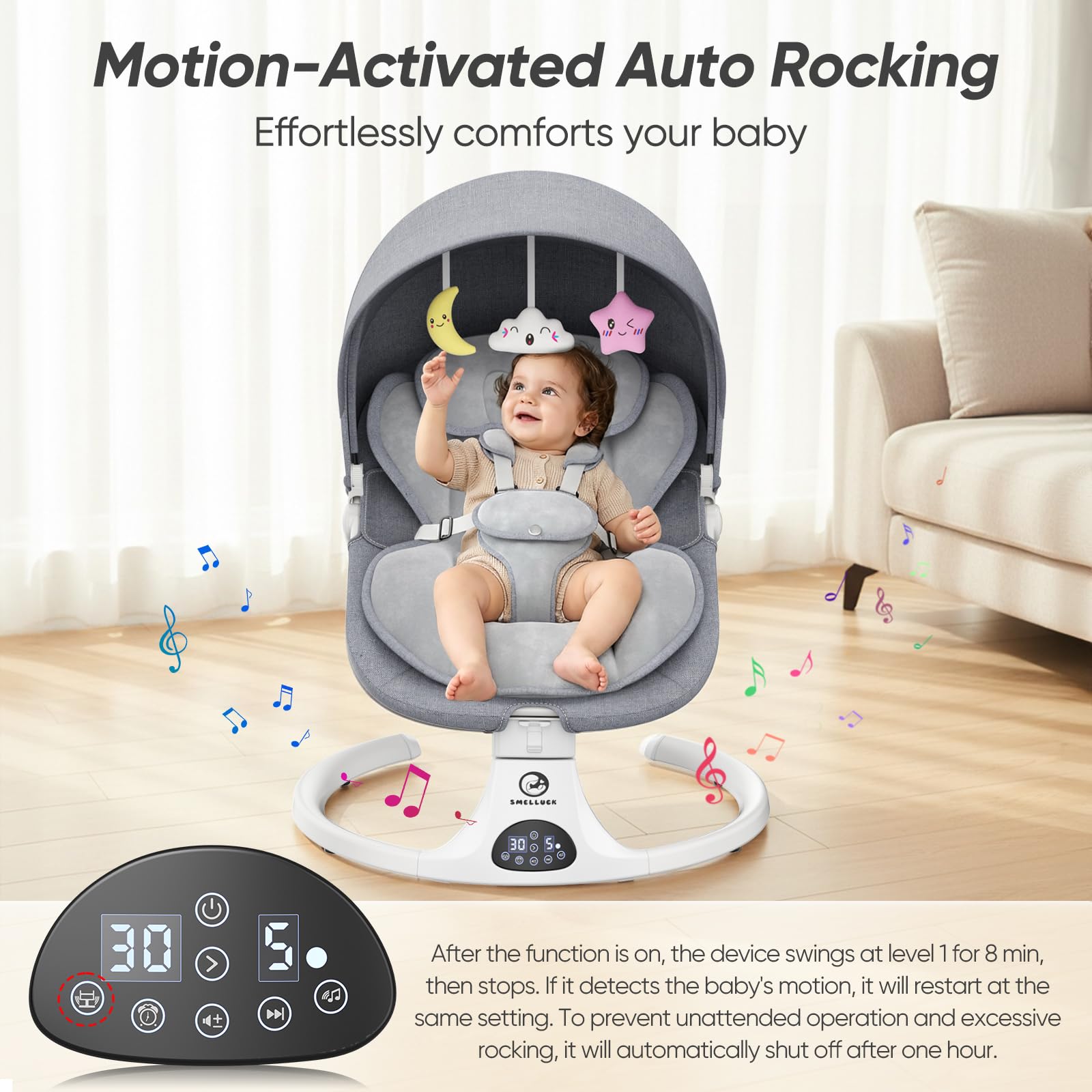 Balancelle Bébé Électrique avec Dossier Réglable sur 3 Positions | 5 vitesses, 12 mélodies apaisantes, minuterie 8/15/30 min, télécommande, coussin amovible, 3 alimentations