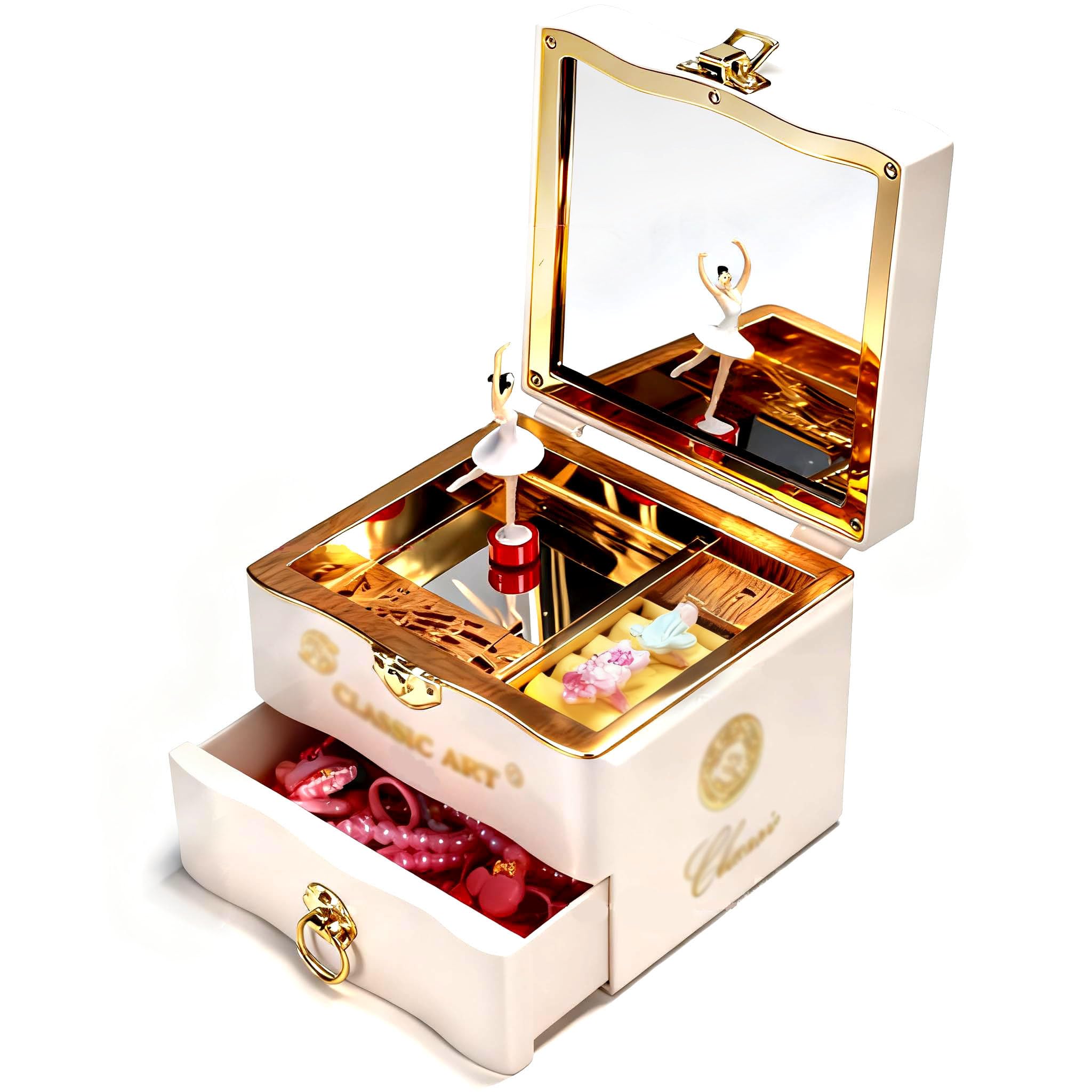 Musical Box, Musical Jewellery Box with Dancer and Mirror, Birthday Gifts for Girls, White Jewellery Storage Case with Drawer for Girls, Women, Elegant Decorative Gift