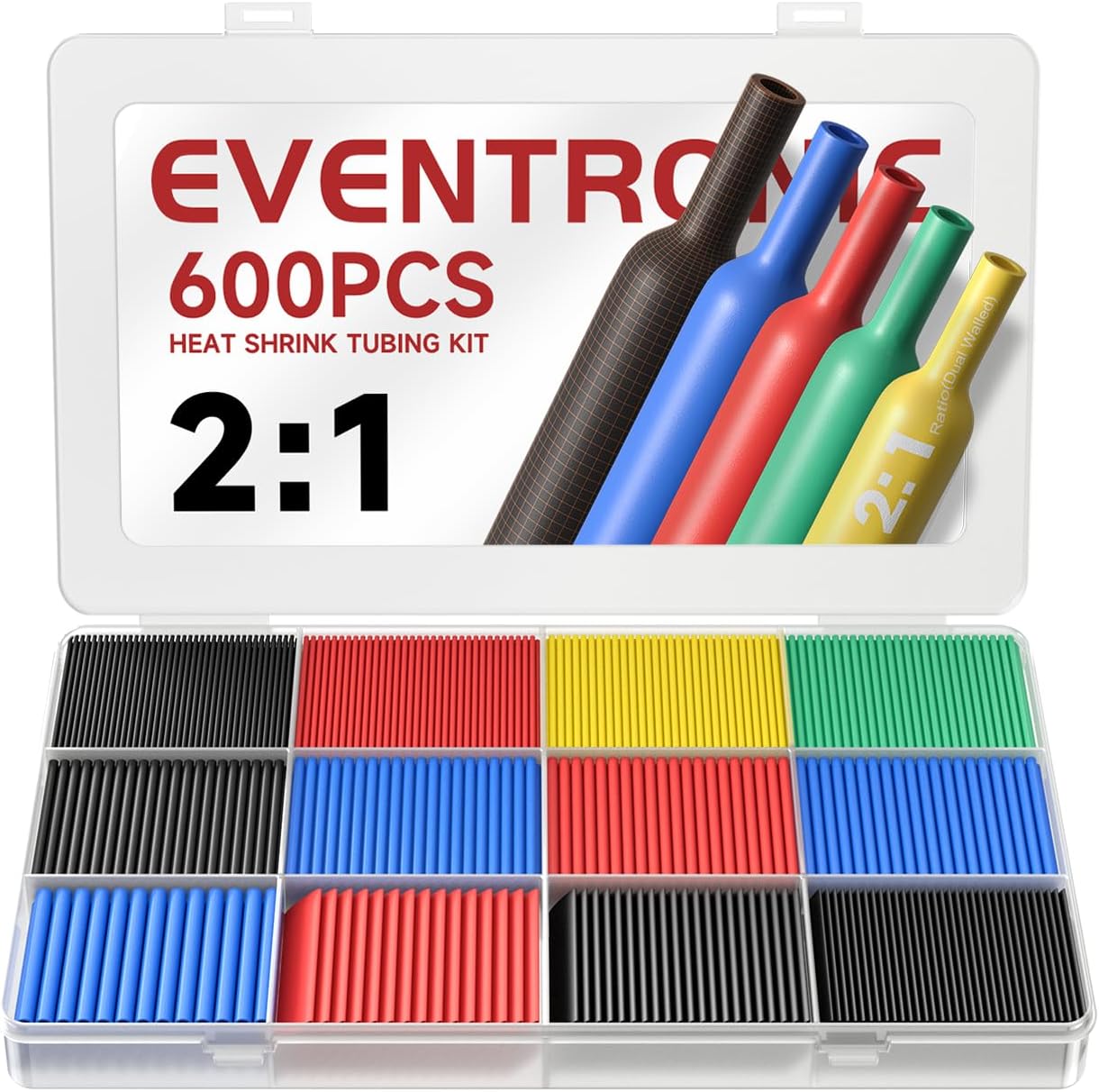 Eventronic 560PCS Heat Shrink Tubing 2:1, Electrical Wire Cable Wrap Assortment Electric Insulation Heat Shrink Tube Kit with Box(5 colors/12 Sizes), Black, Red, Blue, Yellow, Green