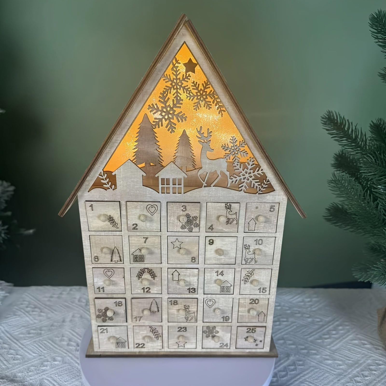 Festival Adventskalender Aus Geschnitztem Holz Beleuchteter Adventskalender Aus Holz Mit 24 Schubladen Und Weihnachtsbaum Rentier Dekorationen Einzigartige Weihnachten