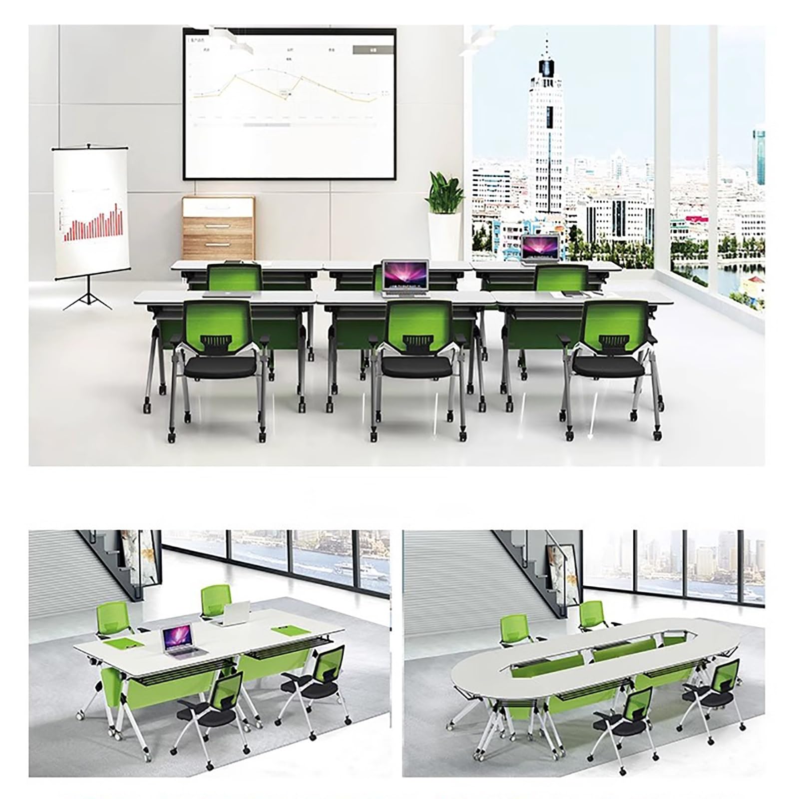 Mesa de sala de conferencias, paquete de 4 mesas de entrenamiento plegables móviles con tapa abatible y estante de almacenamiento para seminarios de oficina