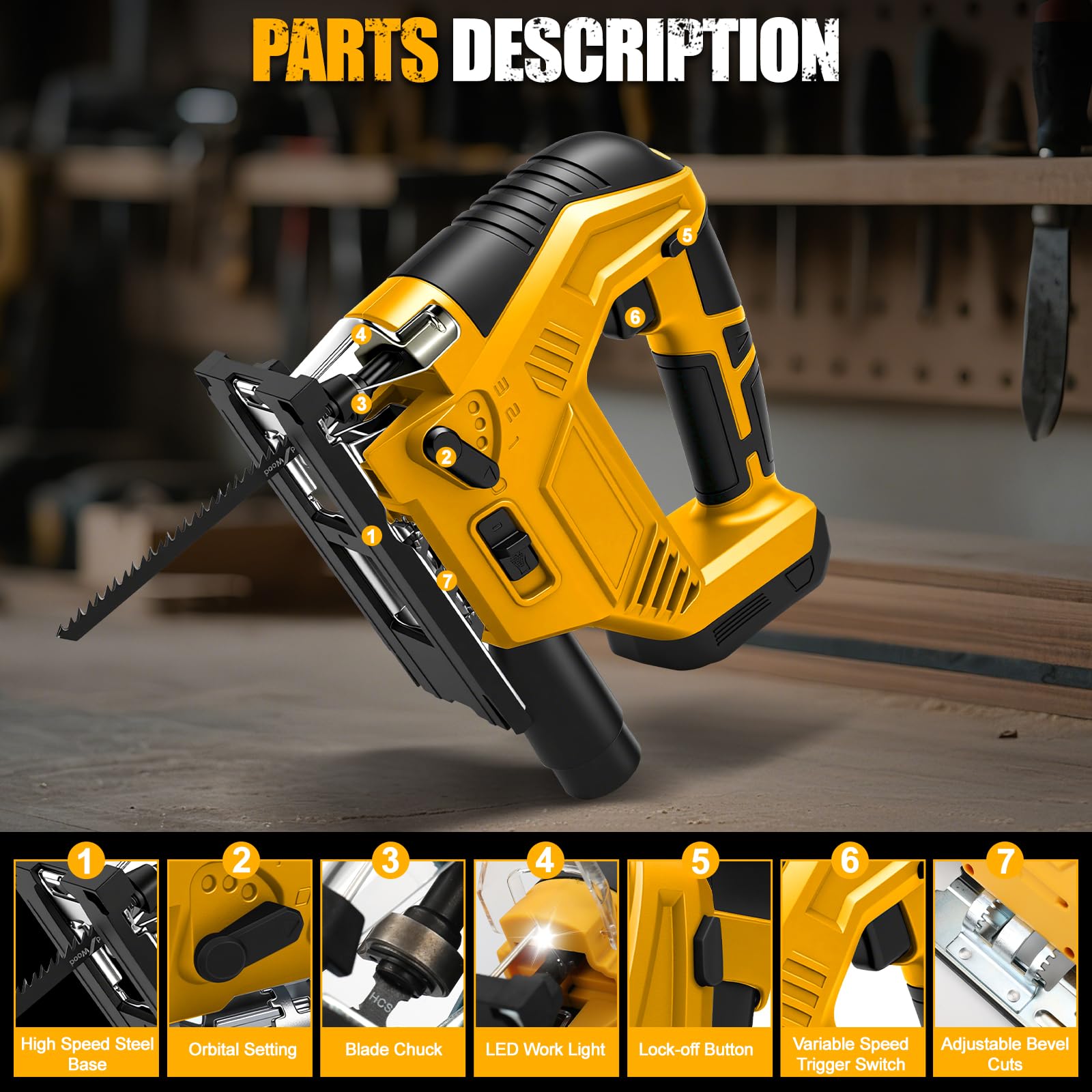 Akku Stichsäge kompatibel mit Dewalt 20V-Akku (ohne Batterie) | Elektrische Stichsäge, mit 45° Fase, 6 Geschwindigkeiten, 4 Orbital, Staubschlauch, Führungslineal und 5 Stück Sägeblätter