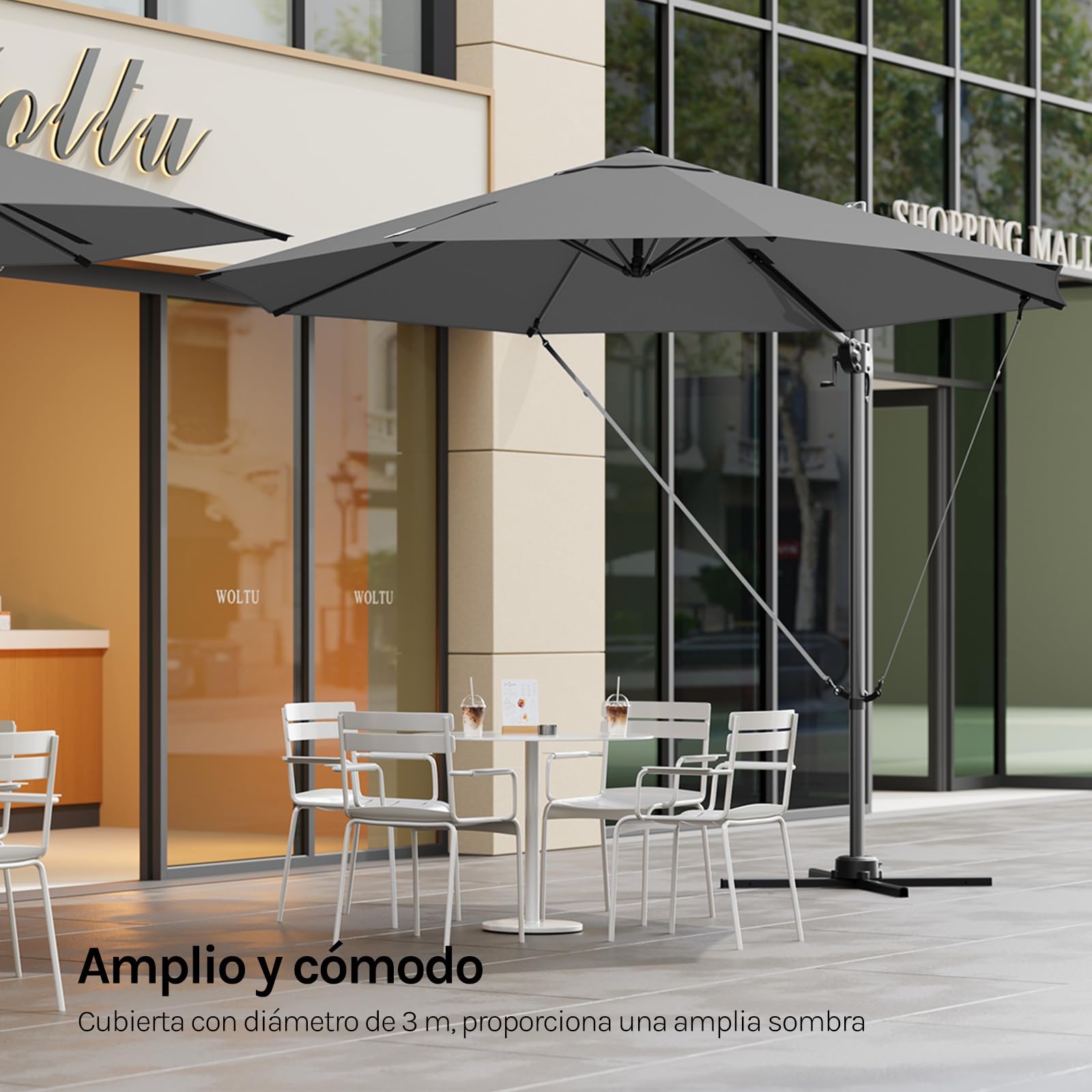 WOLTU Sombrilla Parasol Ø 3 m, Parasol Jardin Giratorio 360°, UPF 50+, Ajustable de 5 Niveles, con Base Manivela Mástil de Metal, para Terraza Playa Piscina Mercado Patio Exterior