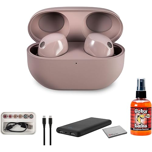 Sony WF-1000XM5 True Wireless Noise-Canceling in-Ear Headphones (Pink) Bundle Including; P-Bank Battery, Goby Labs Headphone Cleaner, Fiber Cloth, Charging Cable