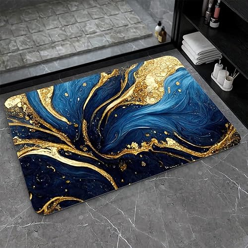 ZHUZHISHAN Tapete de baño de tierra de diatomeas, textura de mármol azul y dorado, volumen antideslizante, súper absorbente, de secado rápido, para