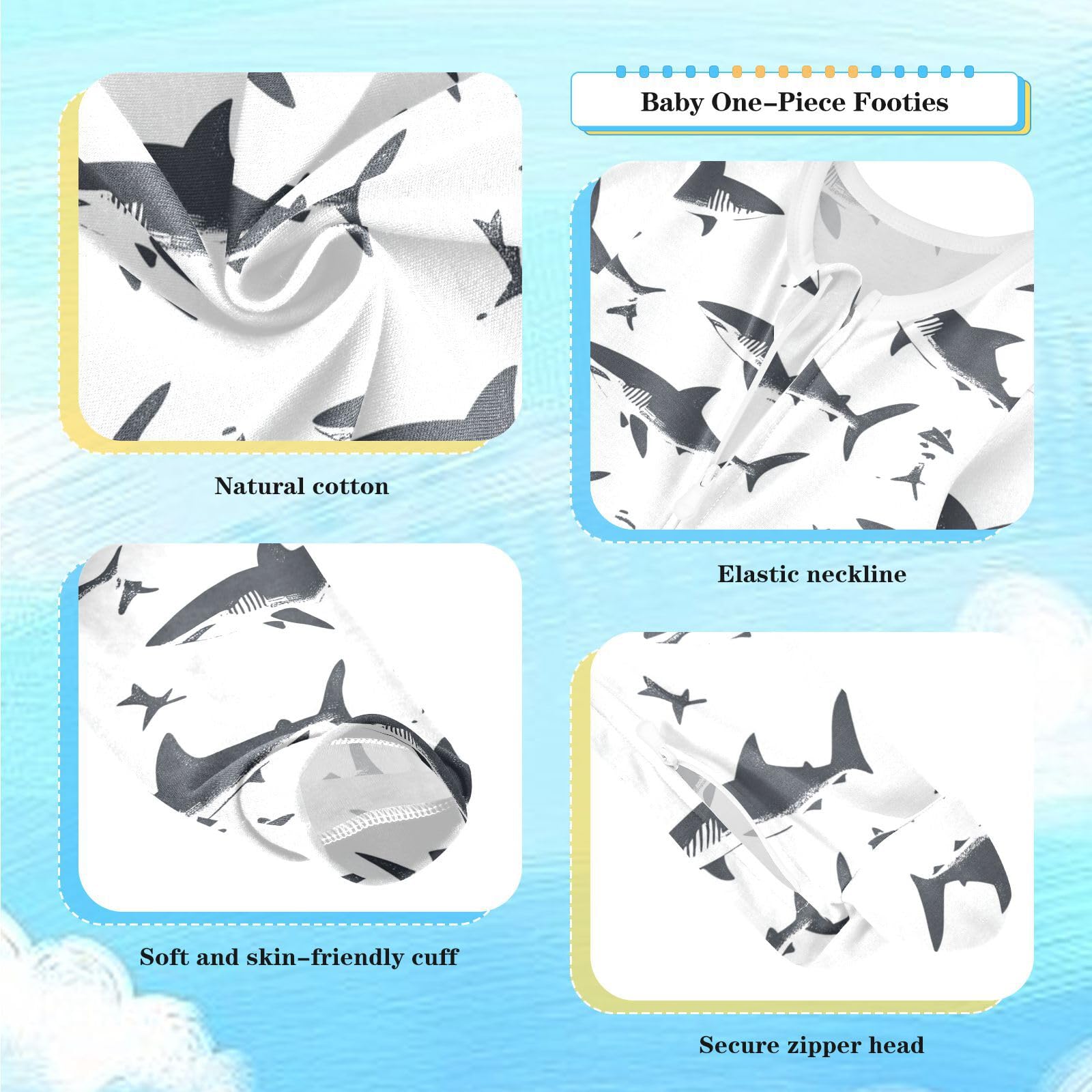 Wusikd Shark One-Piece Footies White Bodysuit Rompers Zipper for Boys Girls 24M