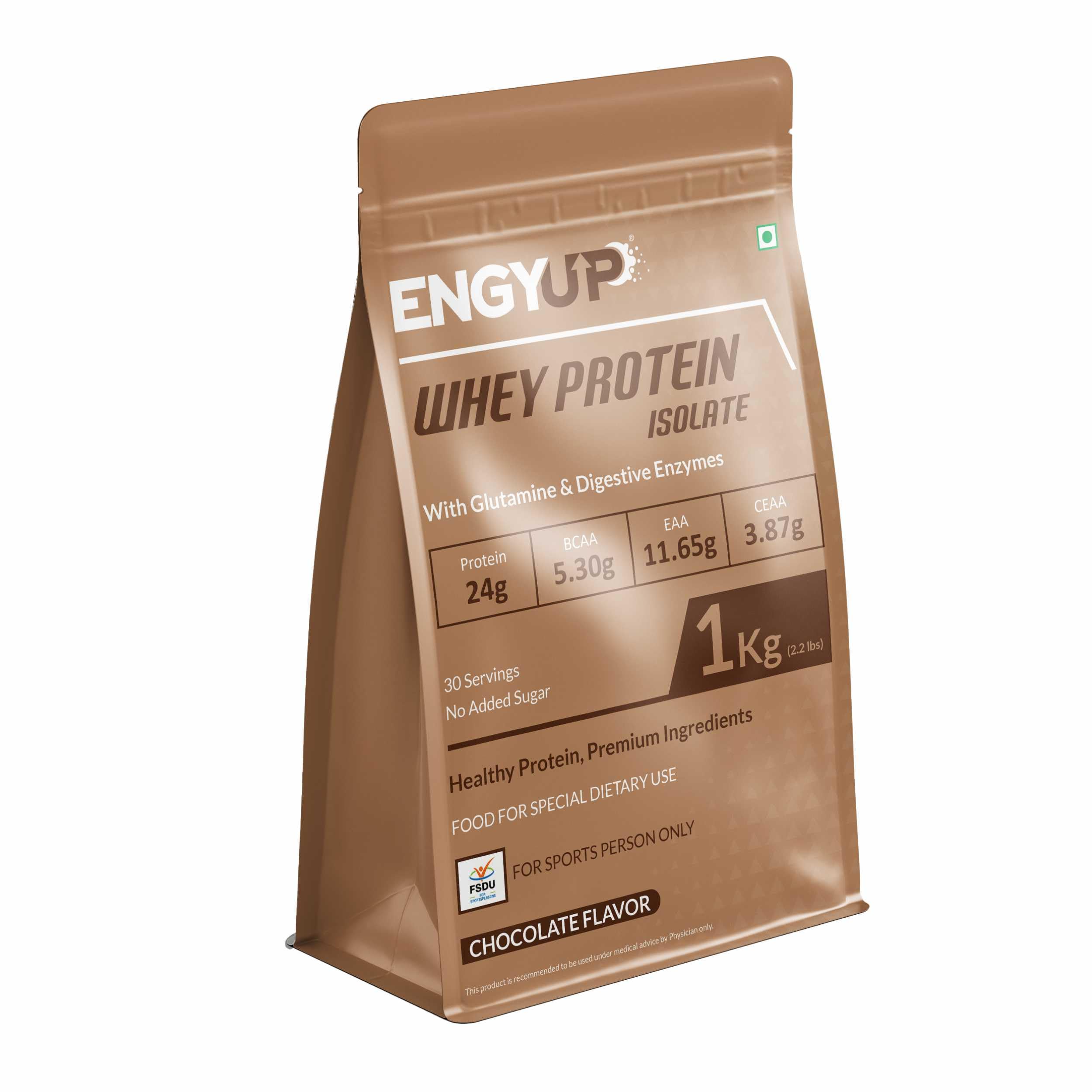 ENGYUP Whey Protein Isolate 90%, 24g Protein, Rich BCAA & EAA Profile, Chocolate Flavor, 1Kg