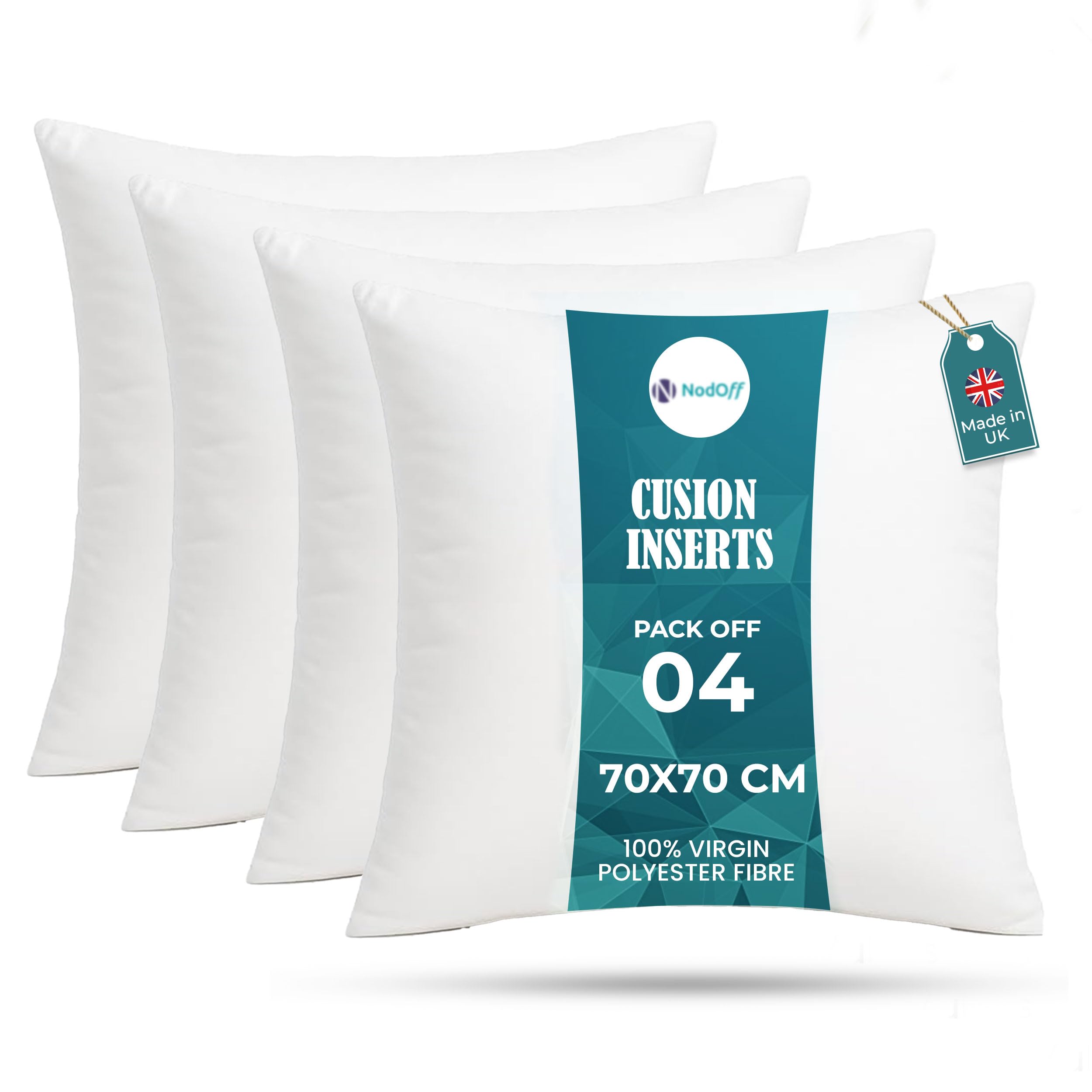 Nod Off Cushions Inserts (Pack of 4) - 28” x 28” (70cm x 70cm) Hollowfibre Stuffed Square Cushion Insert - Hypoallergenic Bounce Back Cushion for Sofa, Bed, & Outdoor