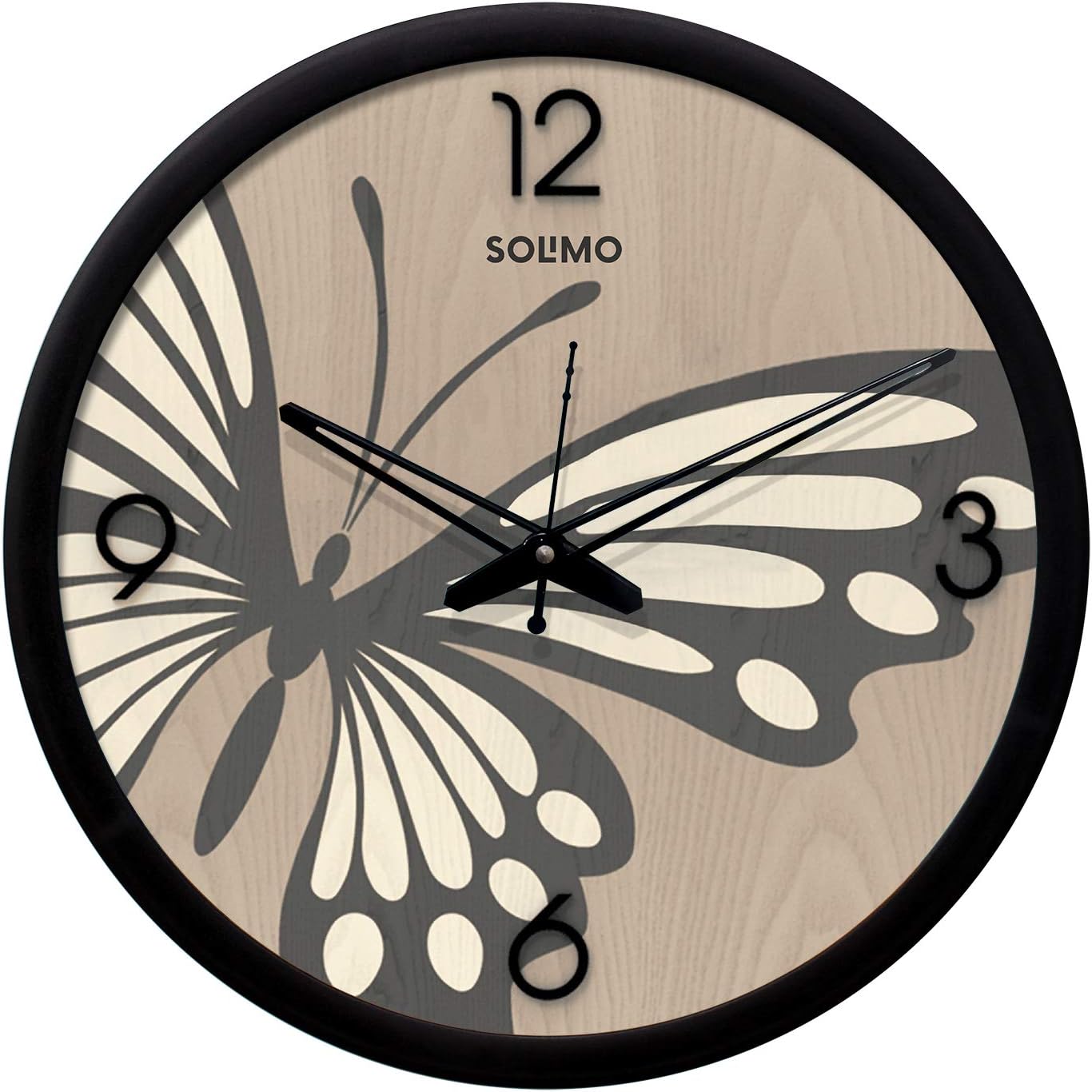 Amazon Brand - Solimo 12-inch Wall Clock - White Butterfly (Silent Movement, Black Frame)