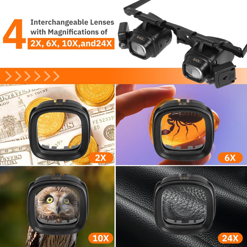 Ainiv Magnifying Glasses with LED Lights, Hands Free Head Magnifier with 2 LED Lights, Adjustable Lens and Light Angle, Magnifier with 4 Interchangeable Lenses-2X 6X 10X 24X for Jeweler Watch Repair - Image 3