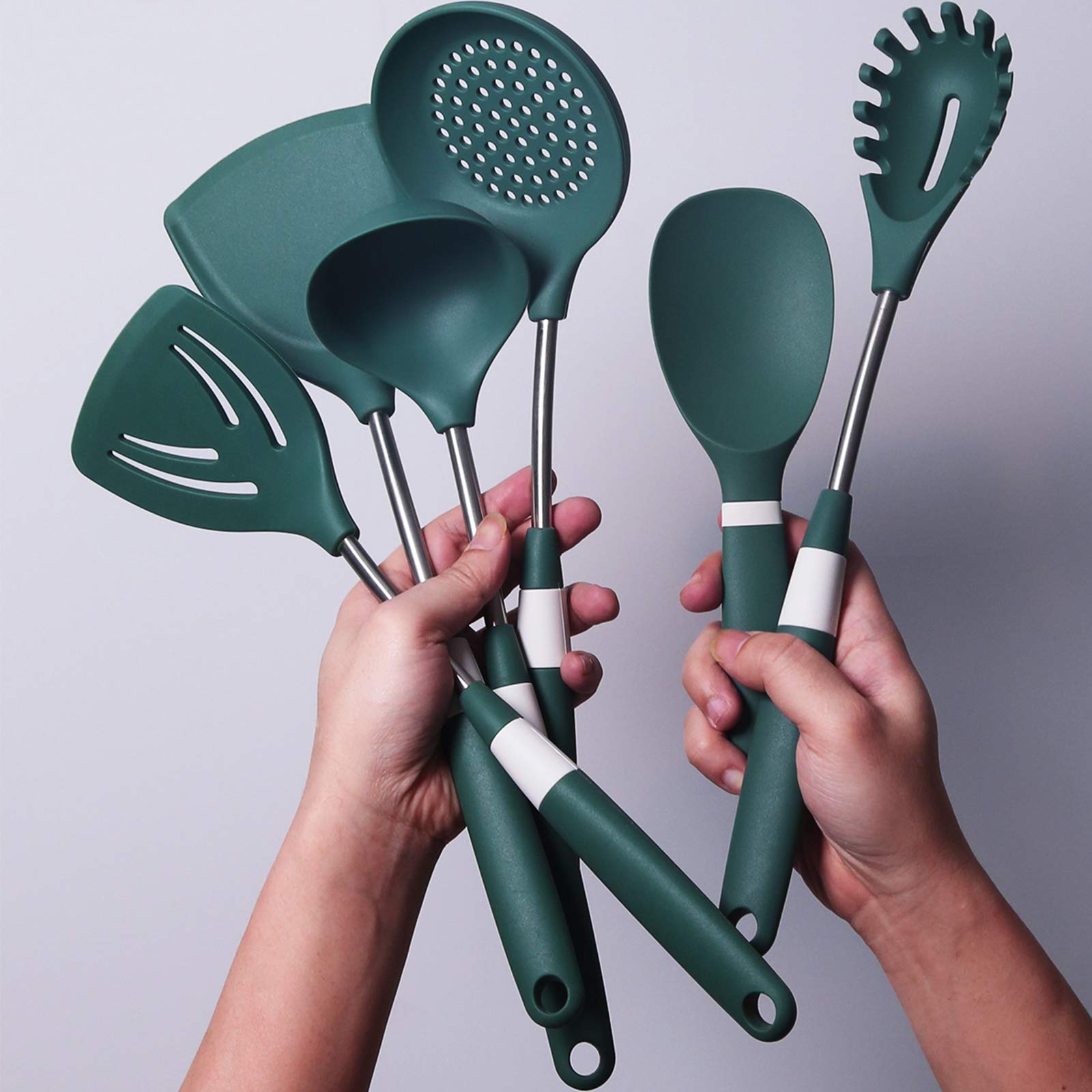 Juego de Utensilios de Cocina de Silicona, Juego de Utensilios de Cocina Antiadherentes Verdes de 6 Piezas, Antiescarcha, Antideslizante,Utensilios de Cocina de Acero Inoxidable Resistentes Al Calor