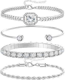 17IF 4PCS Dainty Gold Silver Bracelets Set for Women - 14K Plated CZ Link Chain, Adjustable Layering Stackable Jewelry
