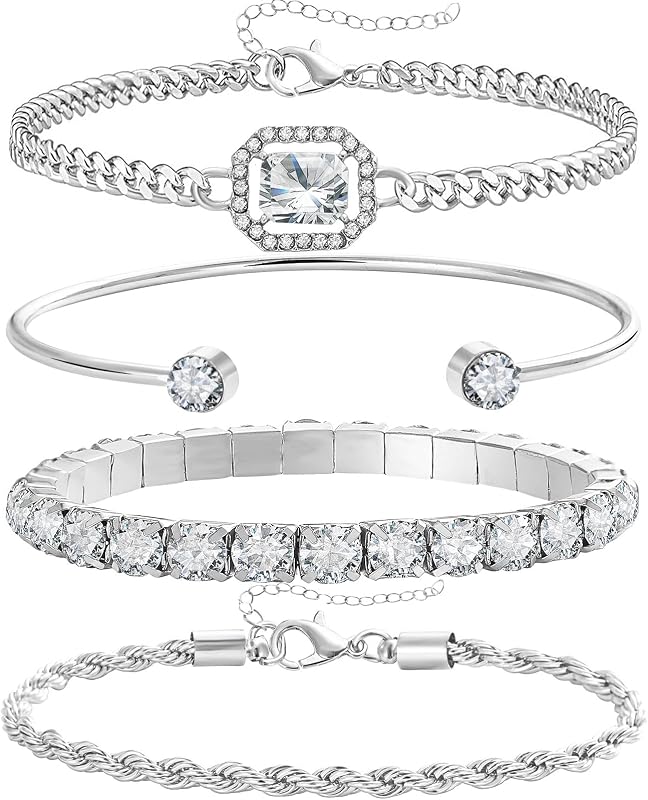 4 Pcs Dainty Gold Silver Bracelets Set for Women, 14K Plated Link