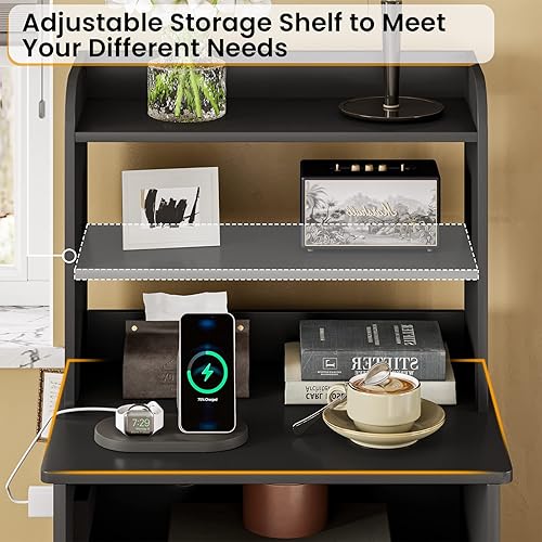 Miniatura 8 de DICTAC Mesita de noche con estación de carga mesita de noche alta con estantes ajustables mesita de noche de madera con cajón abierto y gabinete de