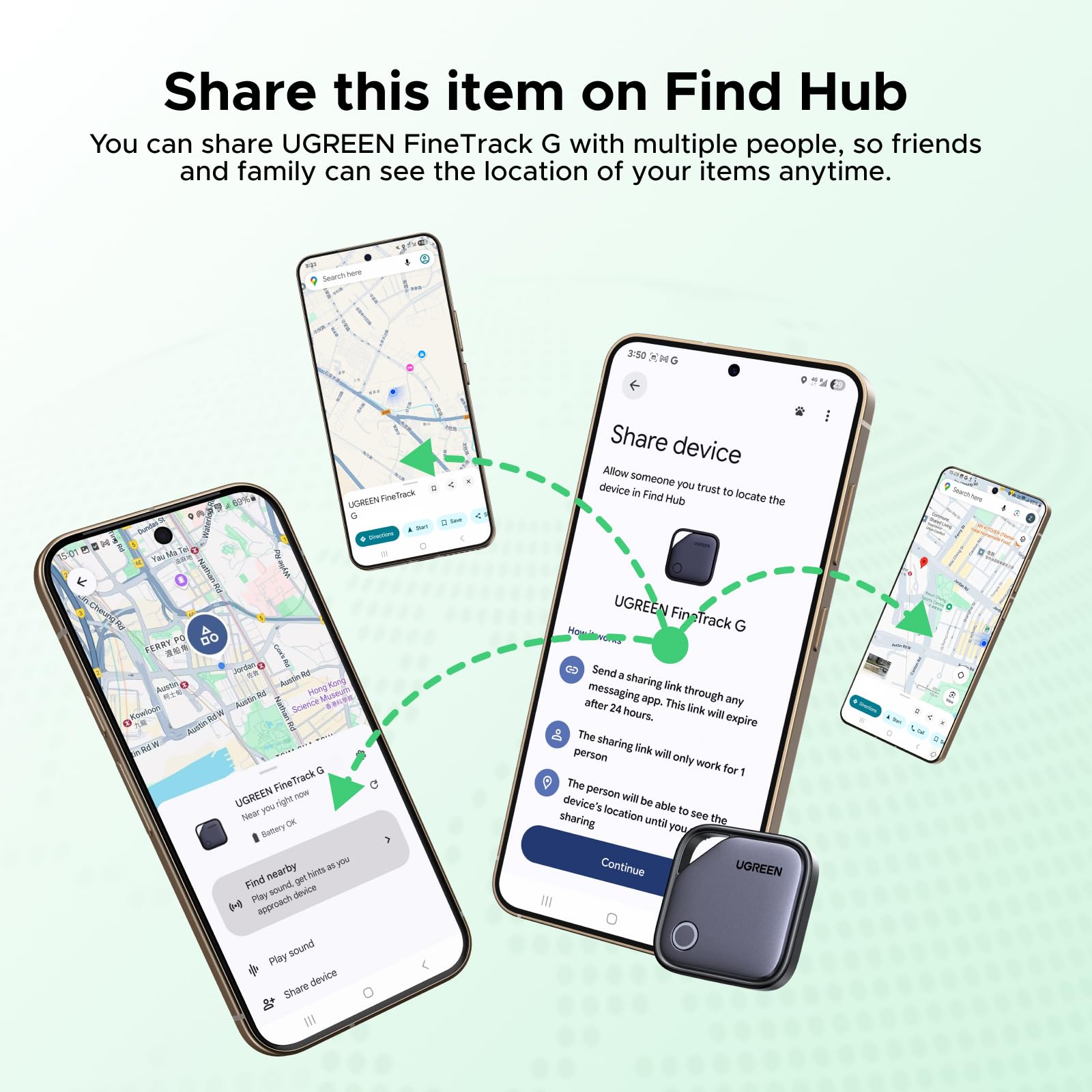 UGREEN FineTrack G Tag Traceur Fonctionne avec Find Hub Android Uniquement Chargement USB C Localisateur Objets Bluetooth pour Clés Valises Portefeuilles Wallet Bagages Sacs avec Câble USB C Lot de 4