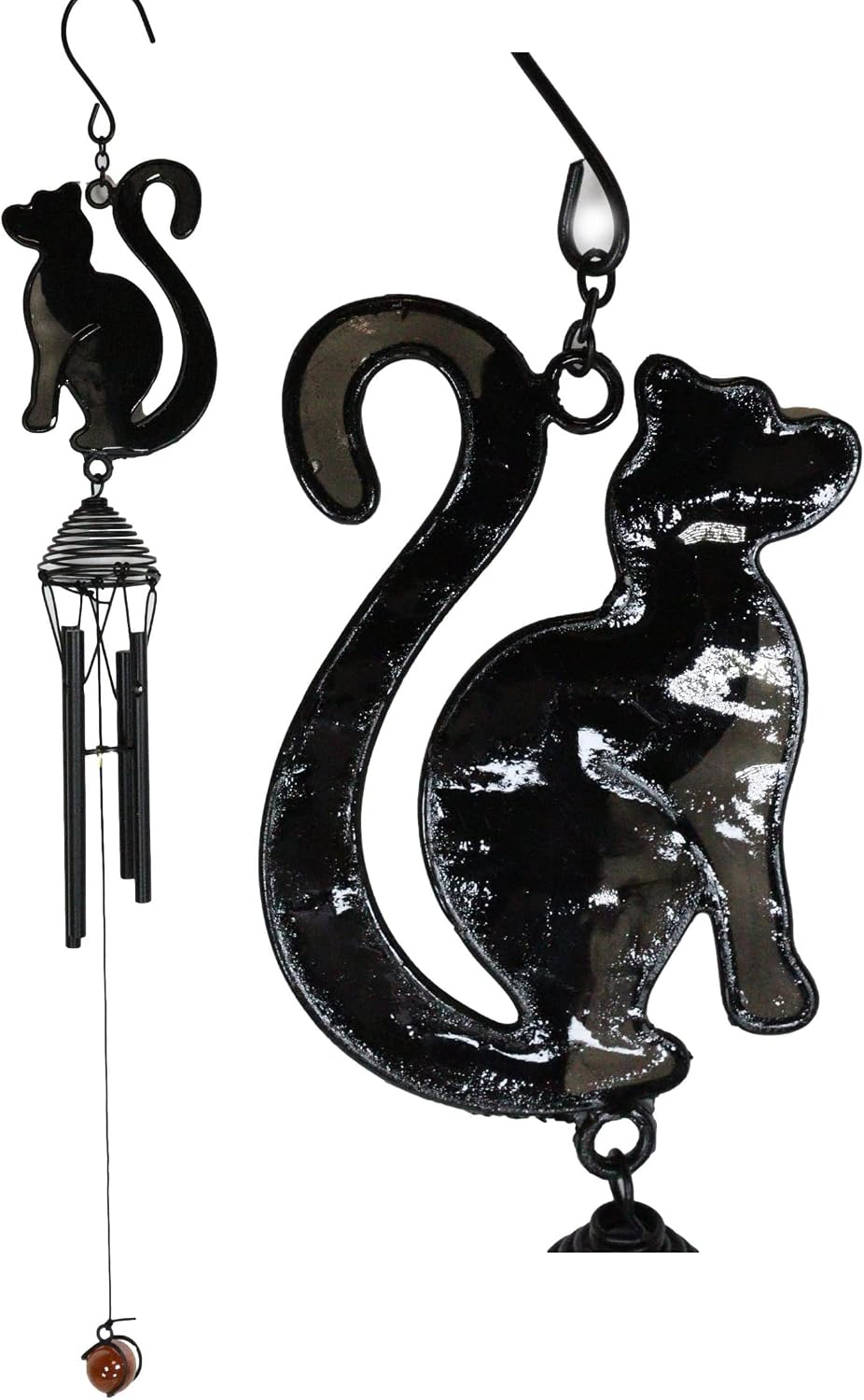 Ebros Gift Wicca Occult Witchcraft Stained Glass Black Cat Mystical Resonant Relaxing Metal Wind Chime Suncatcher Garden Patio Accent with Gemstone
