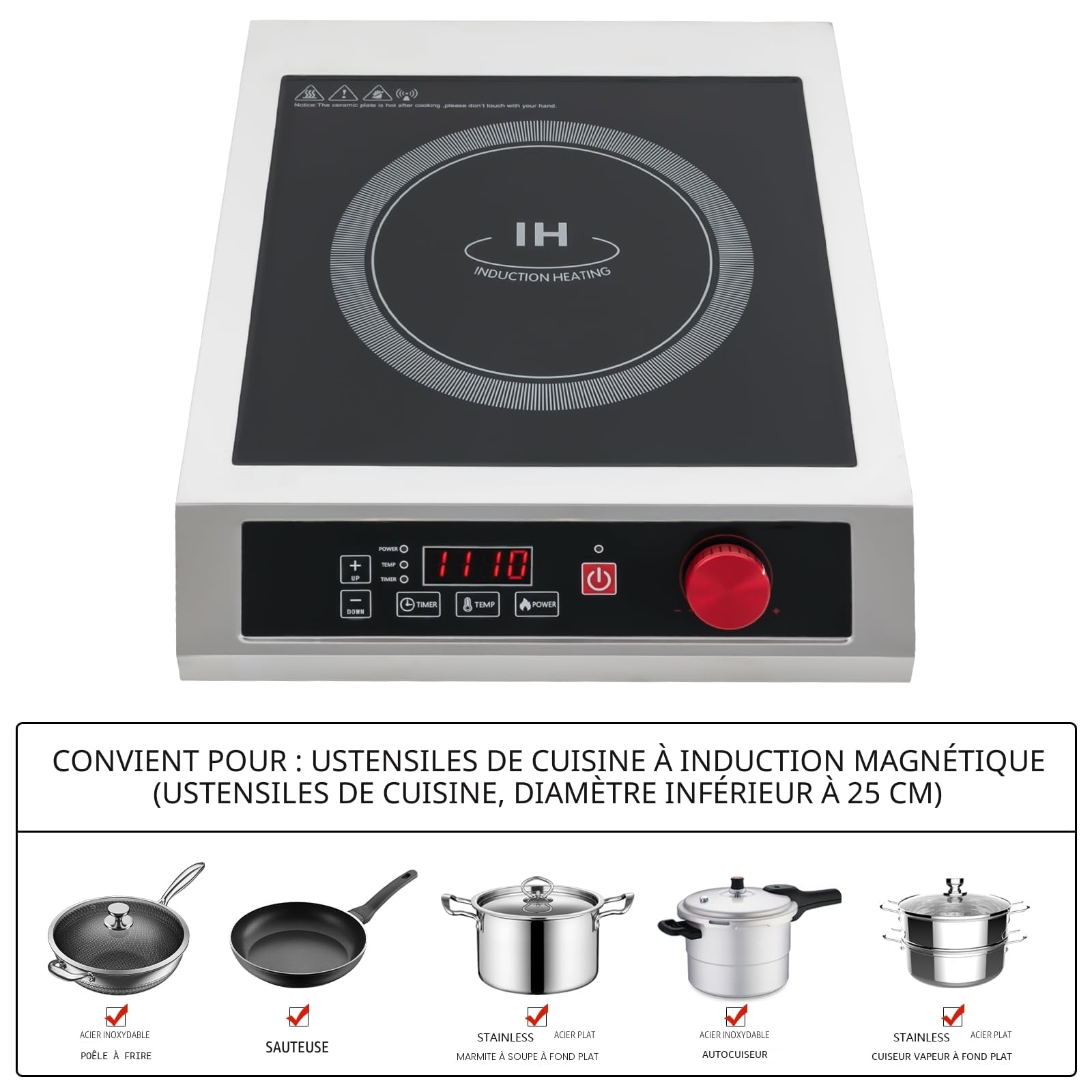 Plaque de Cuisson à Induction Professionnelle 3500W, Affichage LED, 10 Niveaux Réglables, Charge 75kg, Acier Inoxydable – Pour Restaurant, Pub, Food Truck