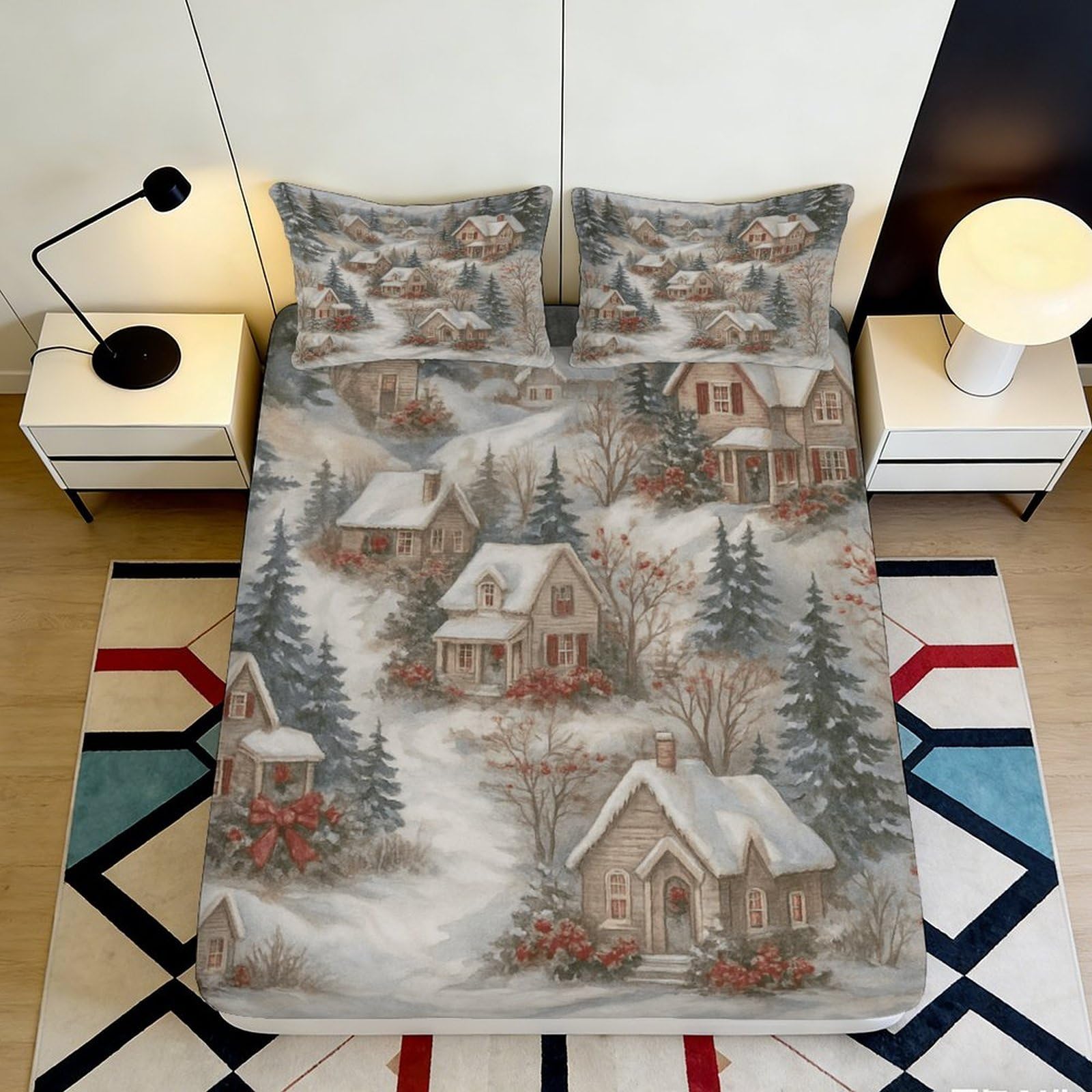 3D Printed Winter Village Fitted Sheet Microfiber Soft Breathable Snowy Cabin Bed Cover for Bedroom Guest Room Decor 90x200x25cm