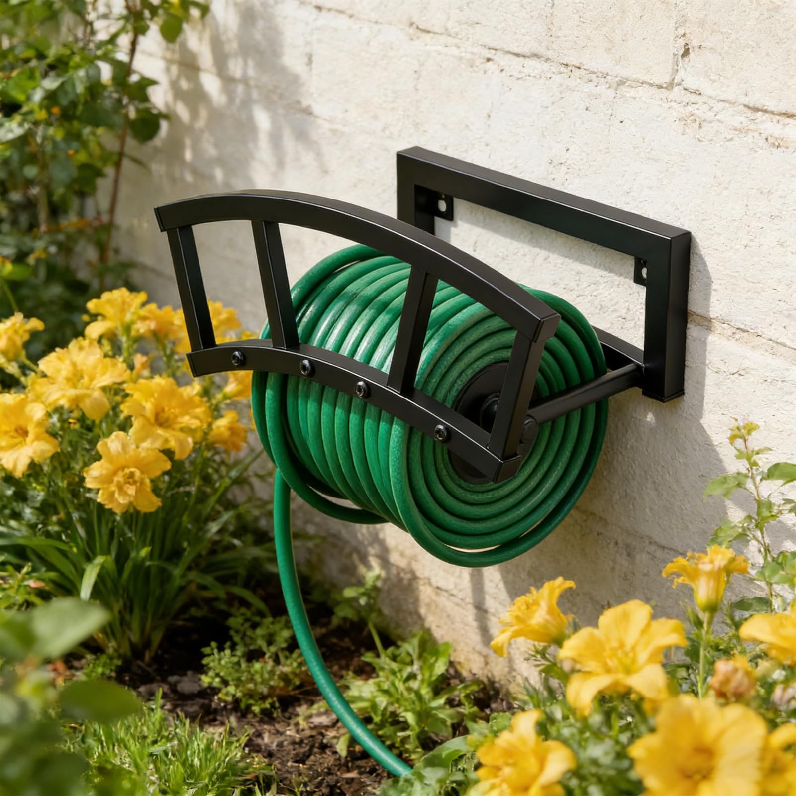 Soporte de manguera de metal resistente para montaje en pared para almacenamiento de 120 pies, soporte de manguera de jardín metálico reforzado con gran capacidad de almacenamiento desarrollado