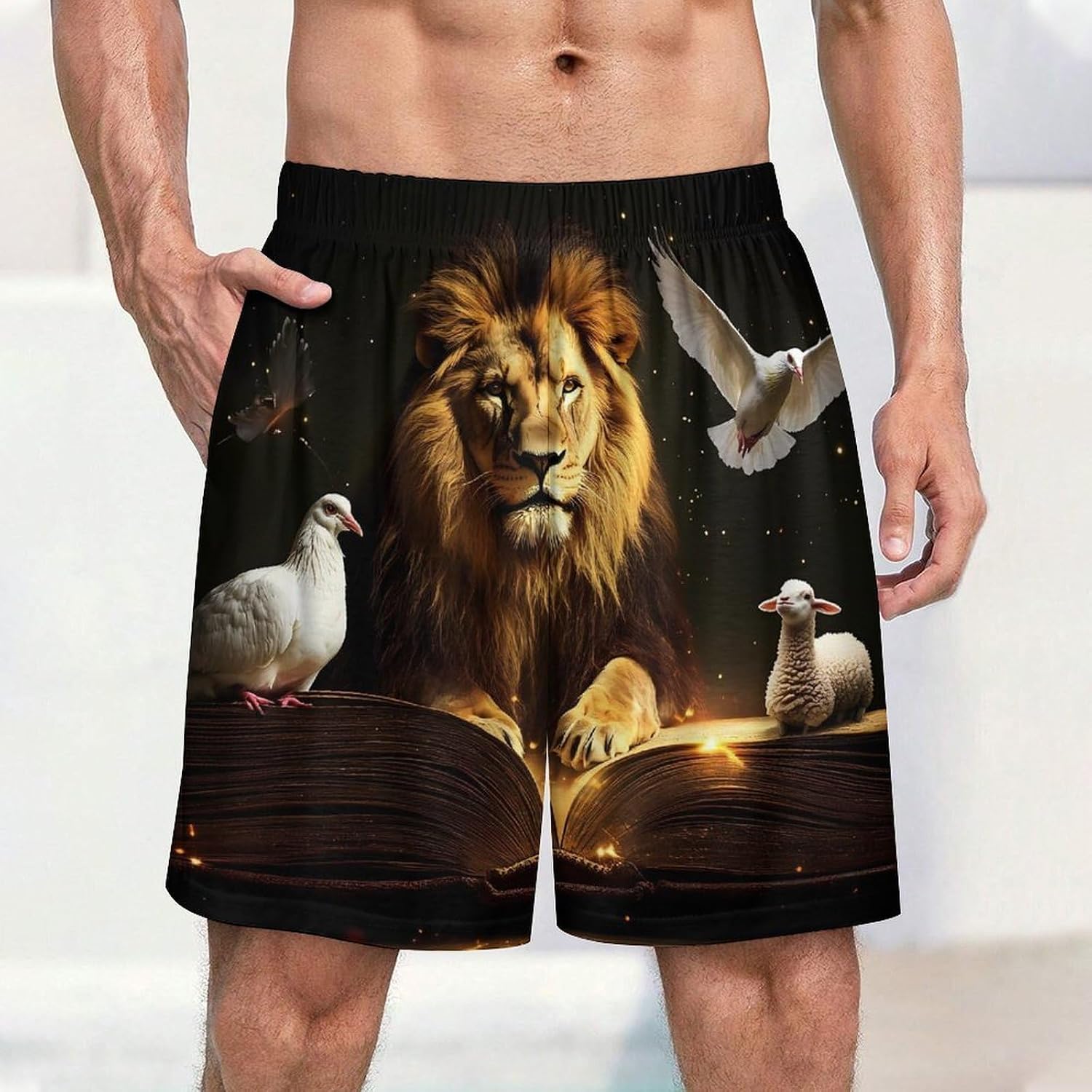 Christian Lion Sheep Dove Mens Pajama Shorts Drawstring Pajama Pants Pj Bottoms with Pockets