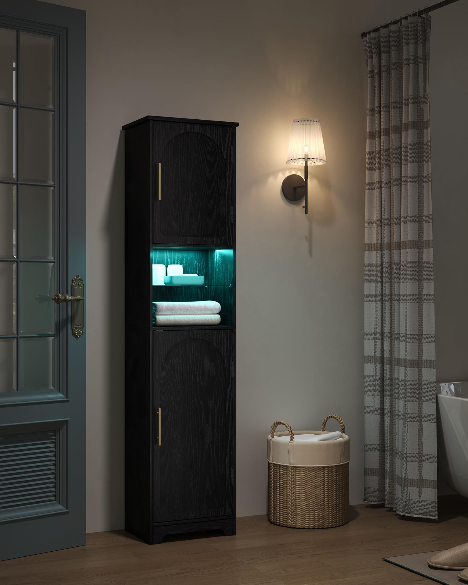 Hzuaneri Armario Alto de Baño con iluminación LED Regulable y 2 Puertas, Mueble Alto con Espacio Abierto, estantes Regulables, salón, baño, 30 x 40 x 170 cm, Negro SC28204X