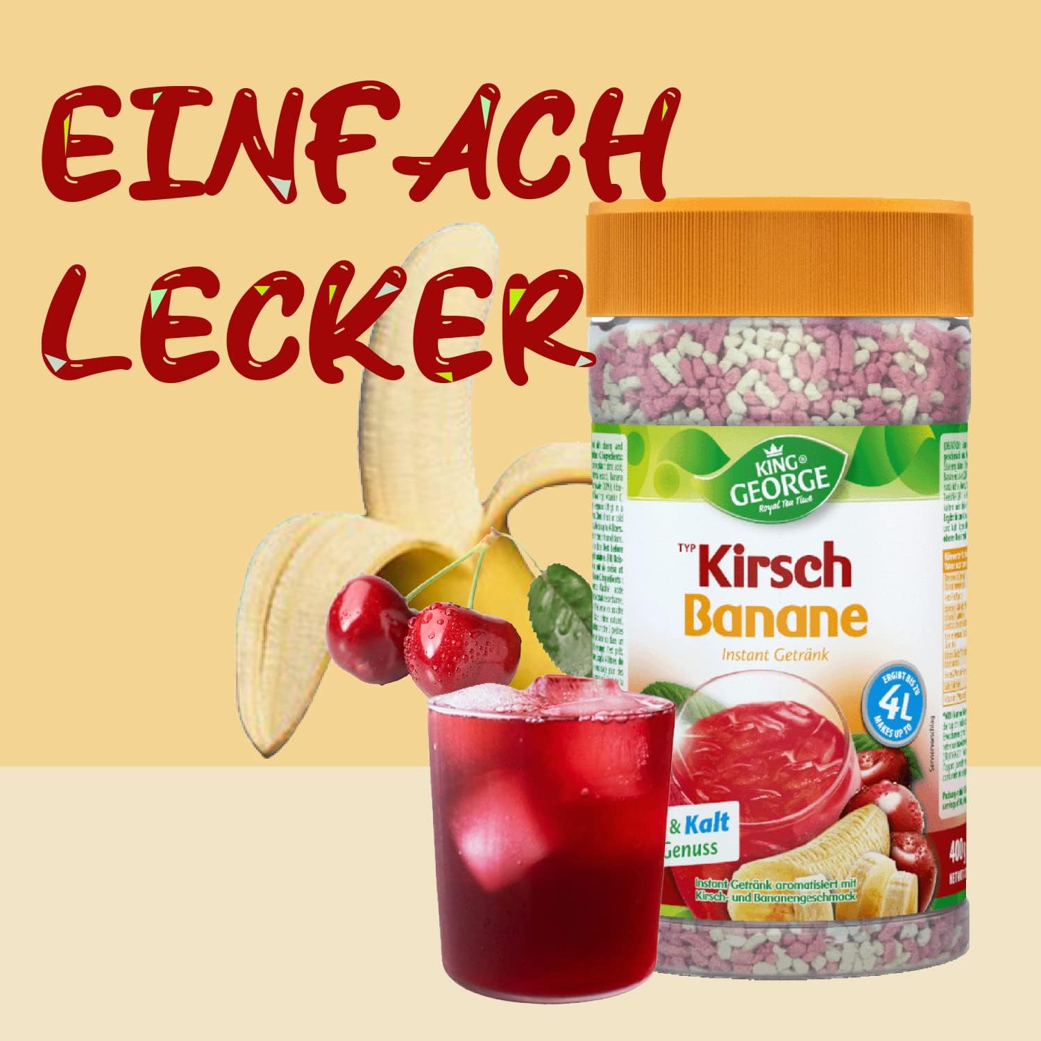 KING GEORGE - Chersch Banan 12 x 400 g – Instant Mrożona herbata napój mieszany z witaminą C – letnia przyjemność – opakowanie korzystne – napoje w proszku, napój orzeźwiający dla rodziny, pracowników