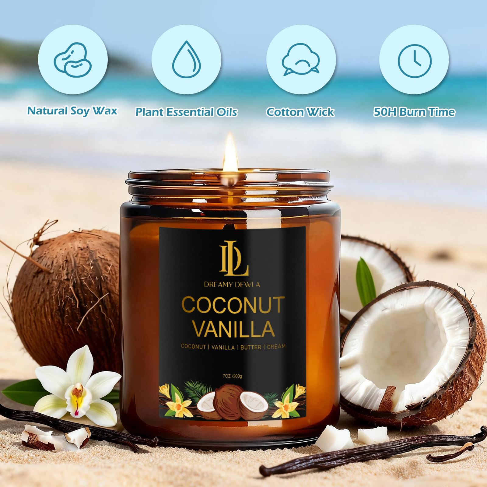Juego de 6 velas perfumadas, 42 onzas, 300 horas de larga duración, velas de soja para el hogar, aromas de arena rosa/vainilla de coco/brisa de Bahama/cóctel de piña/limón iciliano/helado de vainilla