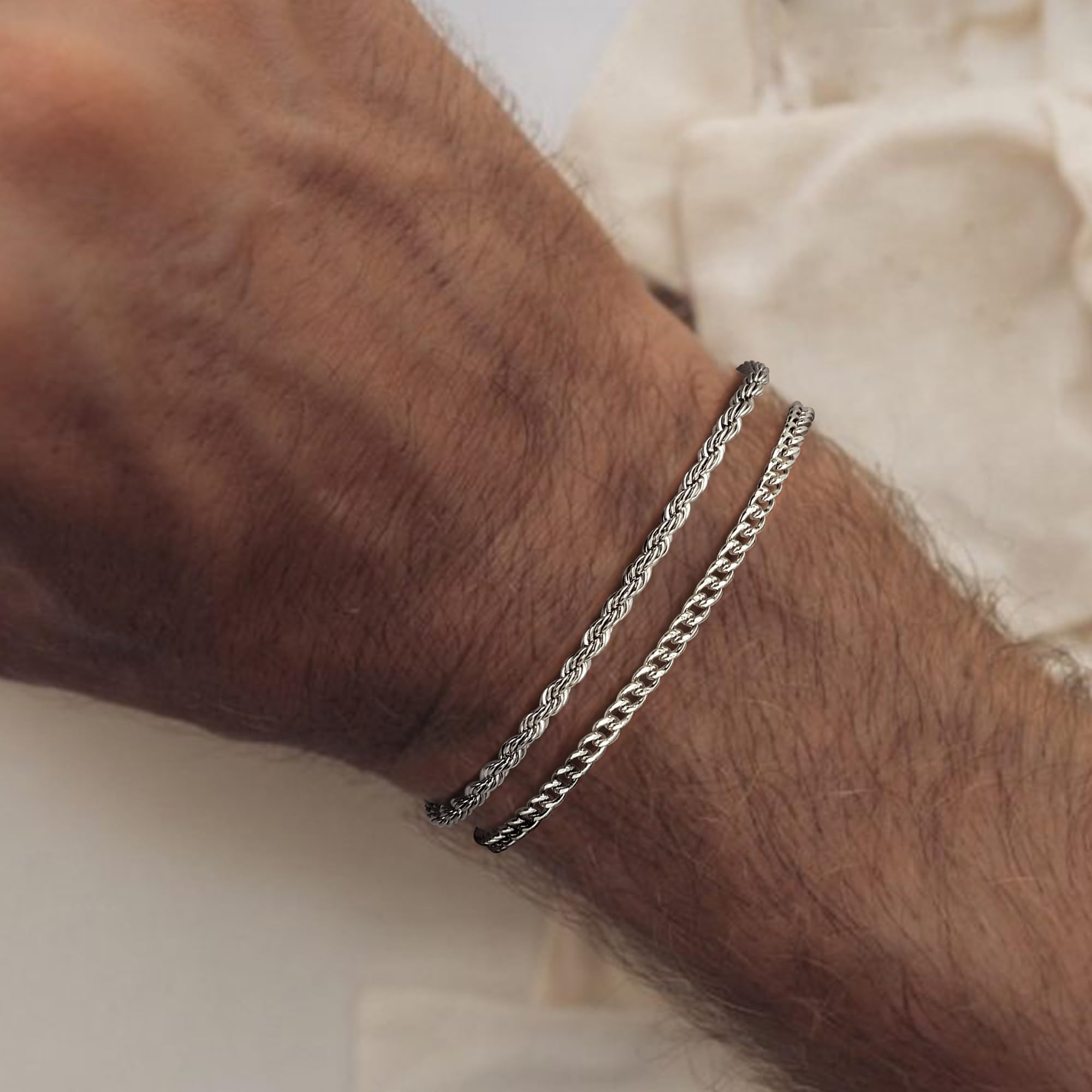2Pcs Mens Silver Bracelet Stackable Cuban Rope Chain Bracelet for Men Mens Bracelets Stainless Steel Silver Link Chain Bracelets Set 7.5/8 Inches Gifts for Men Dad Husband