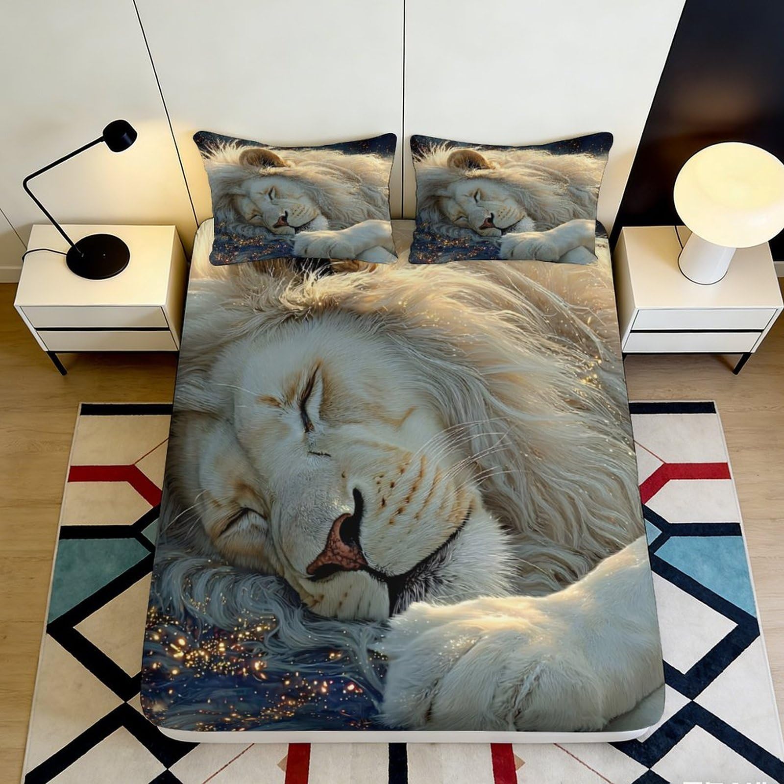 3D Printed Lion Microfiber Fitted Sheet Deep Pocket Non-Slip Bedroom Bedding Lion Mattress Fitted Cover Washable for Adults Teens 140x200x25cm