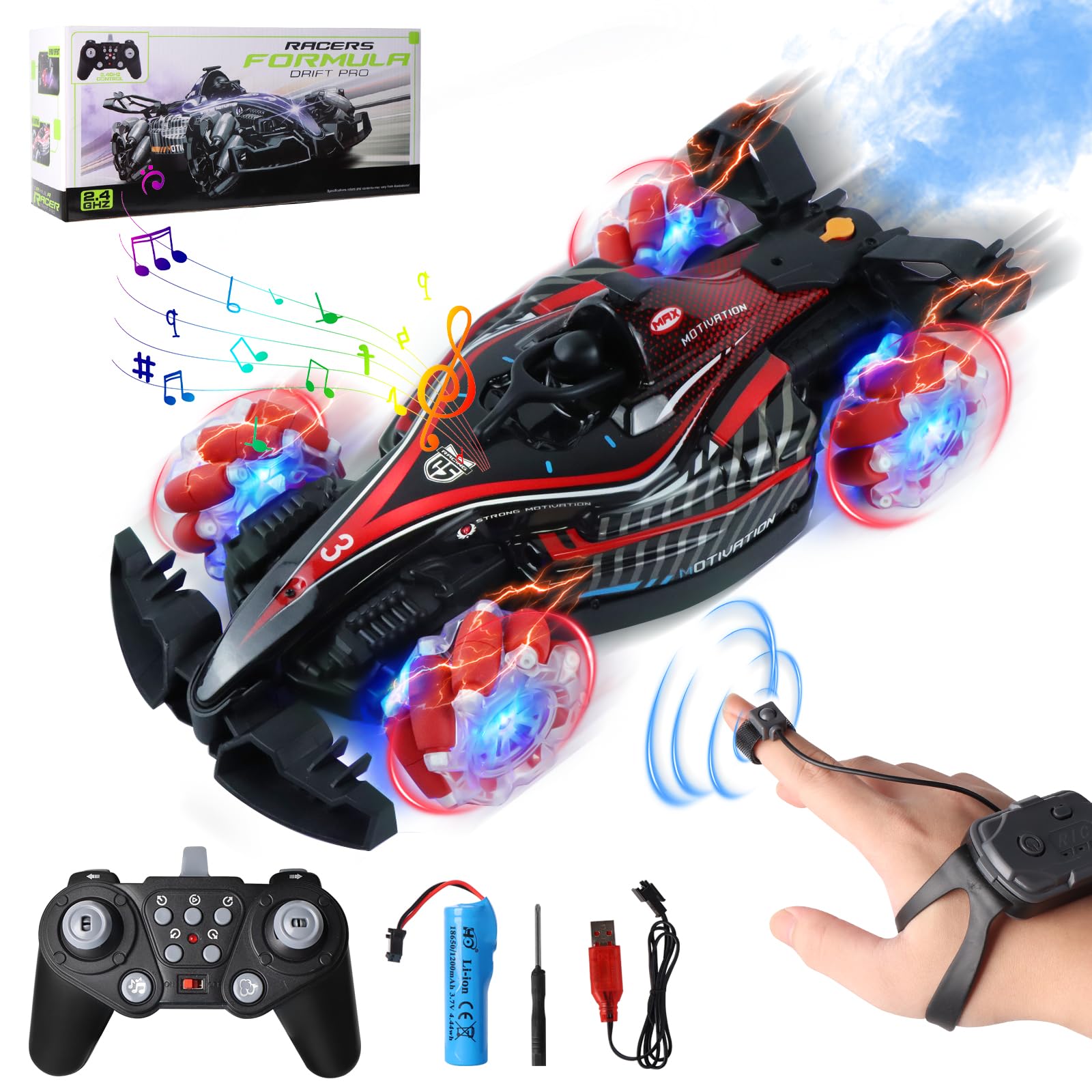 Remote Control Cars Toys, 2.4GHz 4WD Hand Controlled Gesture RC Car, 360 Flips Drift Car with Cool Light Spray and Music for Boys Girls Kids Age 6 7 8 9 10 11 12 13 Christmas Xmas Birthday Gifts