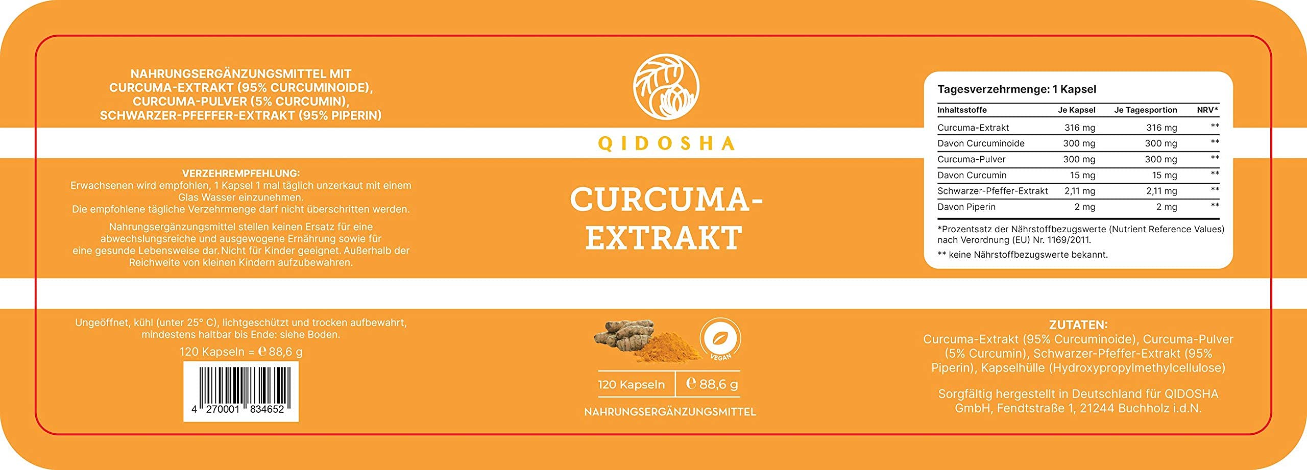 QIDOSHA® Kurkuma Extrakt Kapseln hochdosiert mit Piperin, 120 Stk, 618 mg Curcuma Extrakt Kapseln, davon 316 mg reiner Curcuma-Extrakt mit hohem Curcumin-Anteil, vegan, laborgeprueft