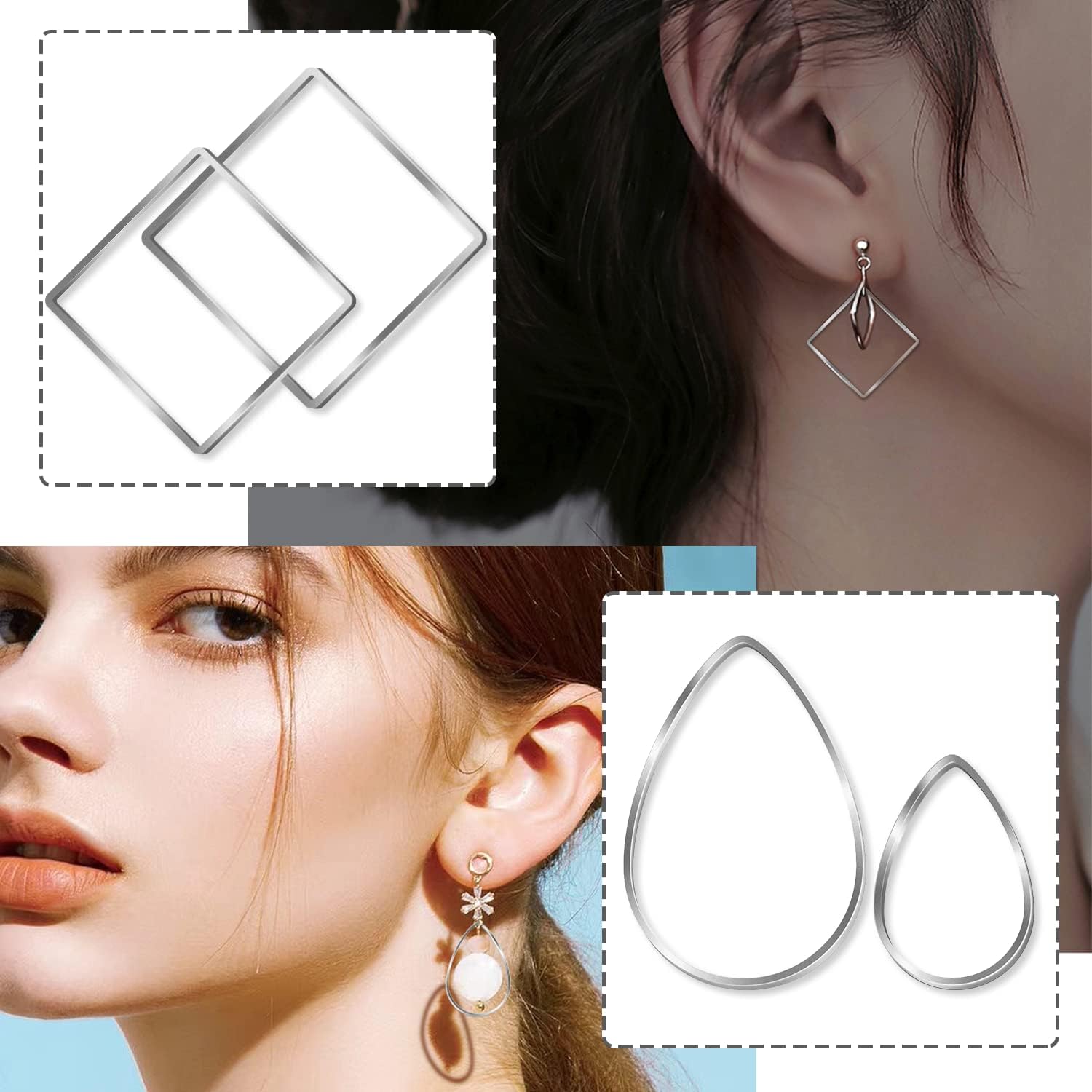 Hoop Jewelry Making,60PCS Earrings Findings Hoops Open Bezels Earring Making for DIY Crafts Supplies(60PCS White K Teardrop Square Circle) - Image 7