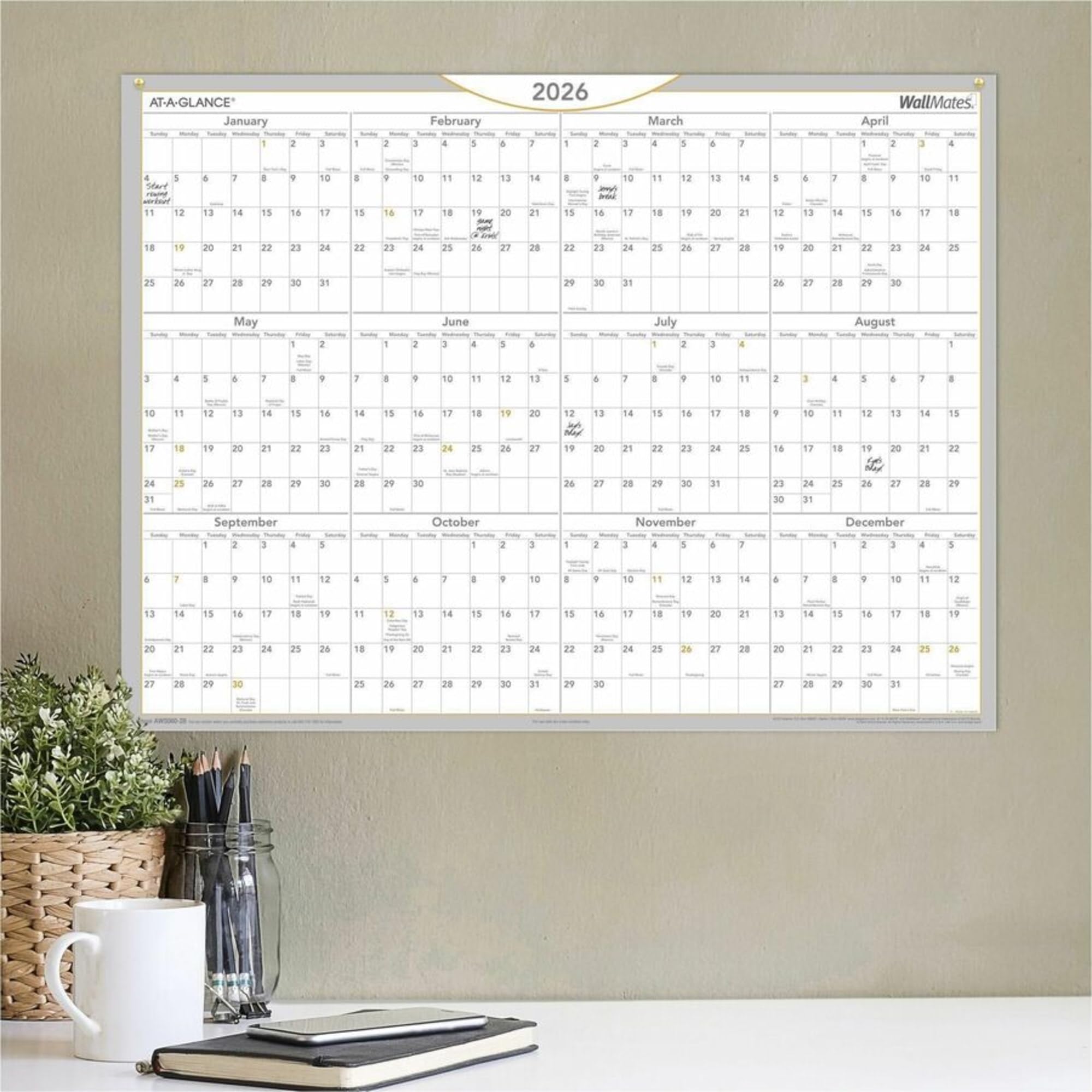 AT-A-GLANCE® WallMates 2026 Calendario annuale autoadesivo cancellabile a secco, grande, 61 x 45,7 cm
