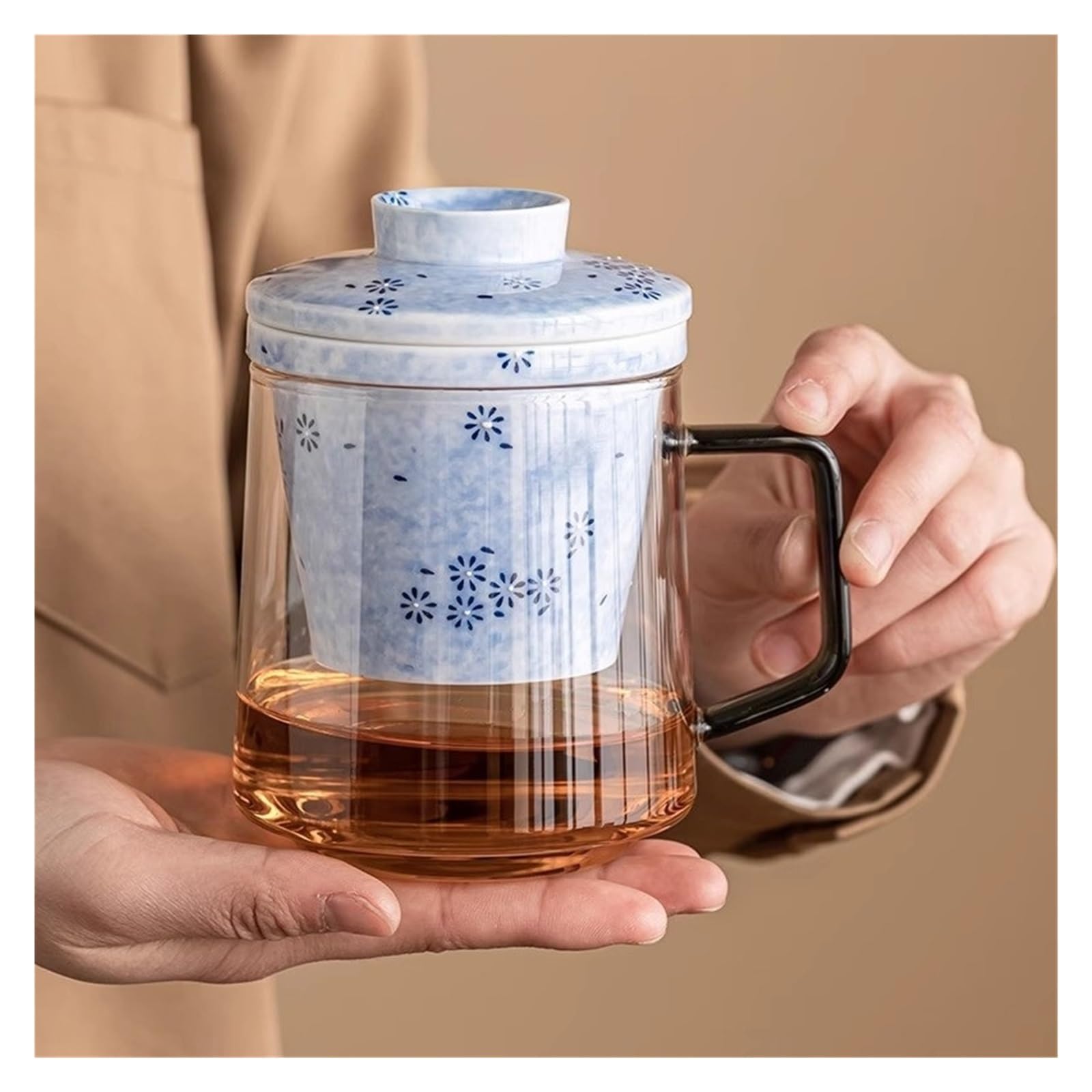 Tasses en verre Tasse à thé en verre avec infuseur et couvercle en céramique, 15,7 oz