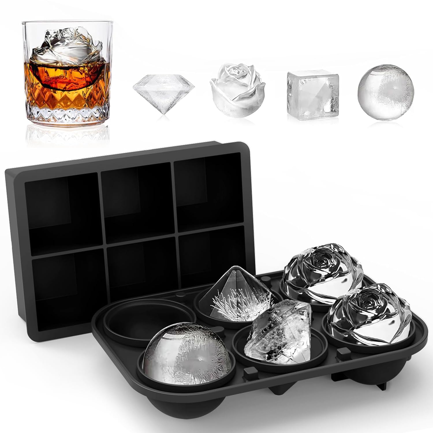 Ice Cube Tray，2 Pack Large Square & Rose & Ball & Diamond ice cubes mold，Ice Cube Tray for freezer beverages，BPA Free and Reusable