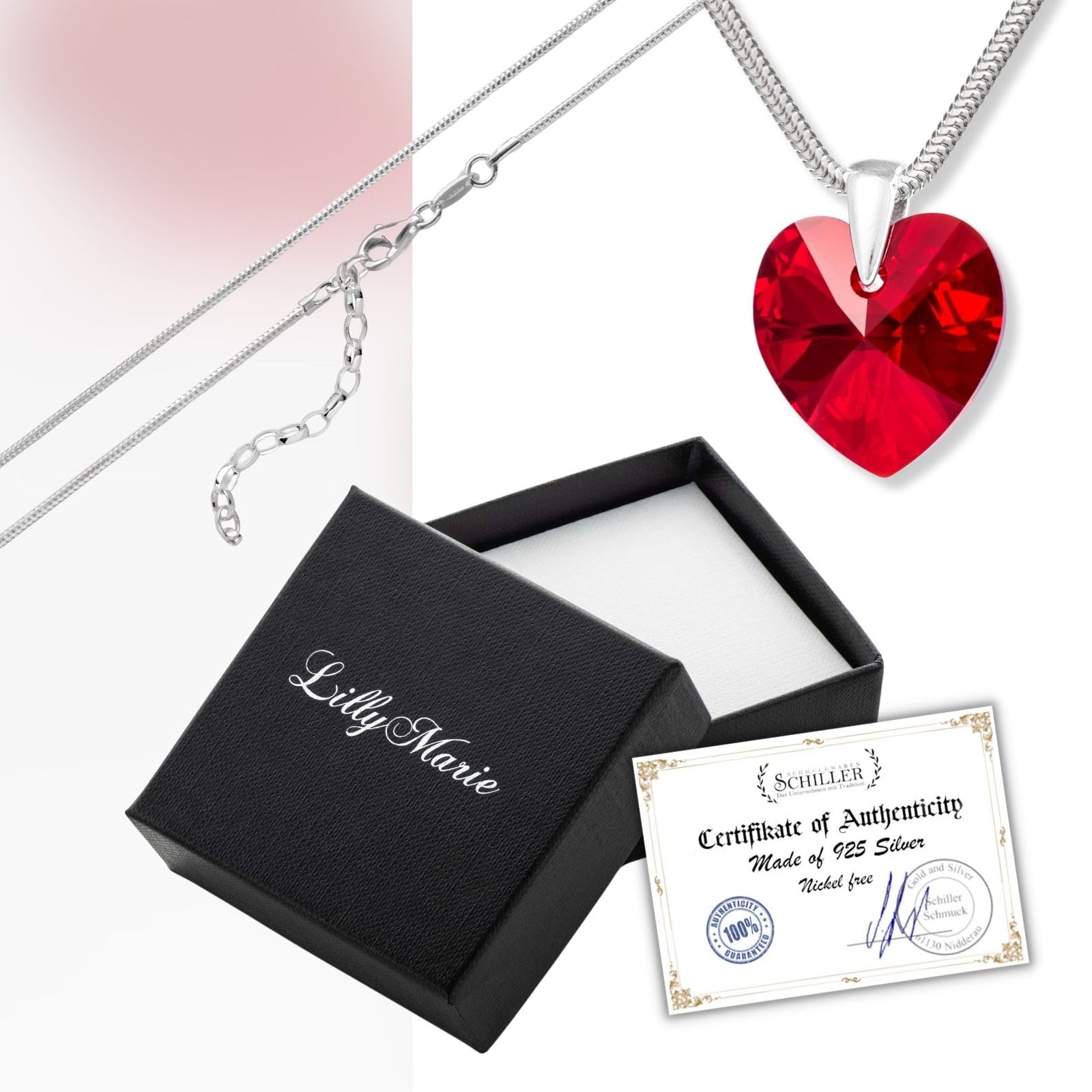LillyMarie Damen Halskette Aus Sterling Silber Mit Rotem Herzanhänger Und Verstellbarer Länge