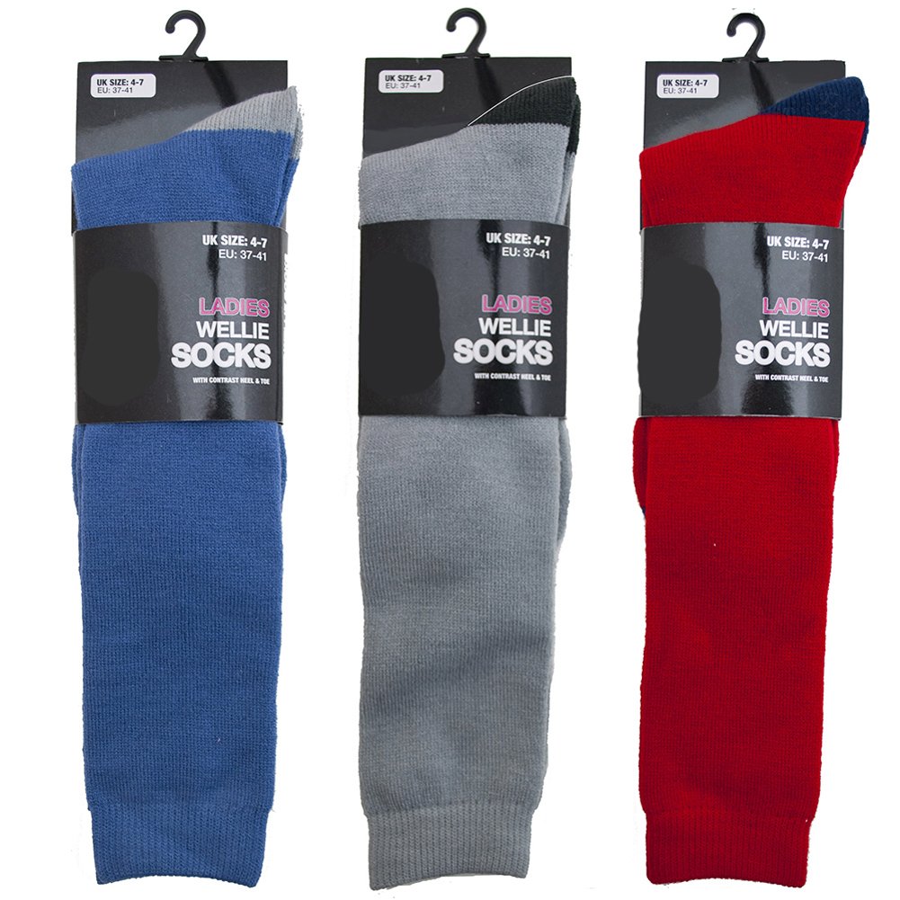 Sg Women's 1 Blue 1 Grey & 1 Red Fleece Wellie Socks Wellington Boot Liners Welly Warmers Warm Dry 4-7 (1 Blue 1 Grey & 1 Red)