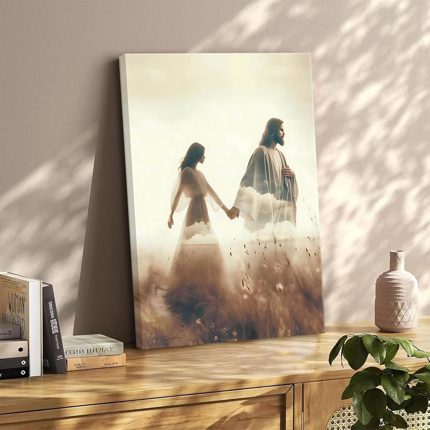 Jesus Canvas Wall Art Jesus and Woman Wall Decor God Holding Hands Healing Girl Artwork Poster Print Christian Religious Painting Picture for Living Room Bedroom (16x24in Canvas)