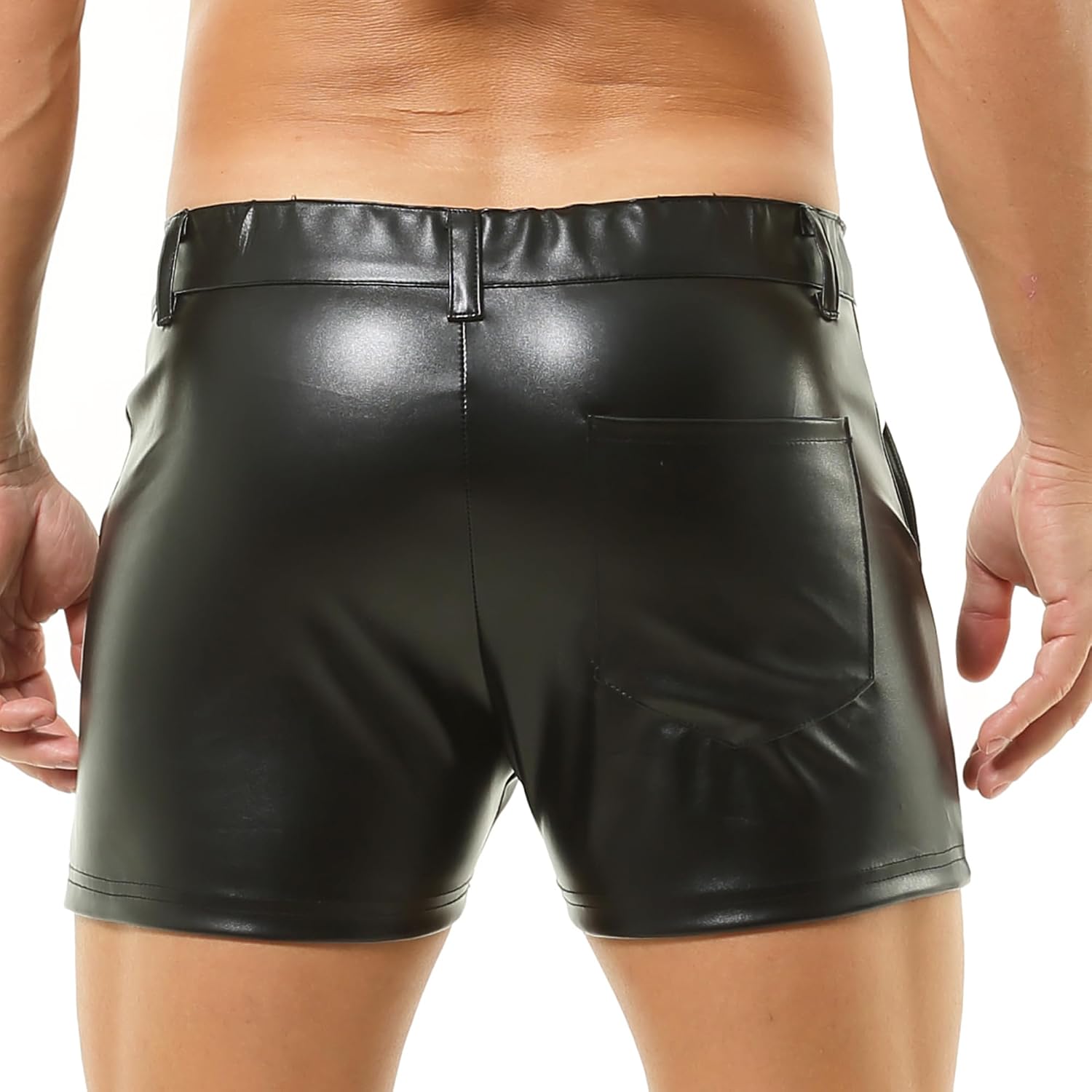 DTODWW Men's PU Leather Shorts Elastic Waist Shorts Rave Hot Short Pants with Pockets Casual Streetwear Clubwear