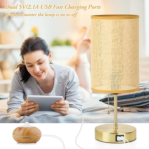 Miniatura 2 de Juego de 2 lámparas de mesa con 2 USB, lámparas de noche vintage para dormitorios, lámparas de mesita de noche con cadena de tracción, lámparas de