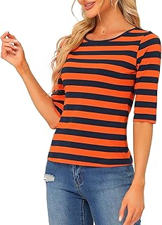 Allegra K Women's Elbow Sleeves Top Round Neck Slim Fit Basic Tee Casual Printed T-Shirt